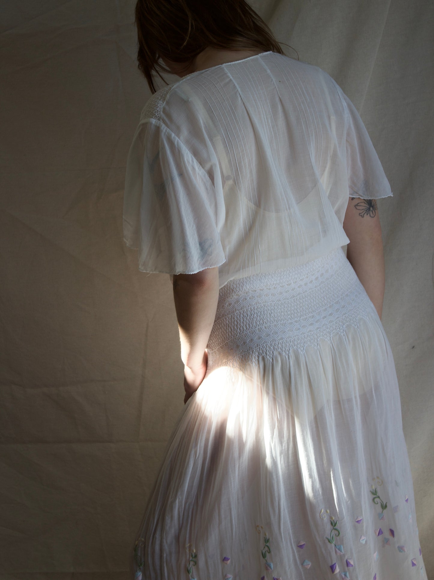 Antique 1920s Smocked Folk Flutter Sleeve Peasant Dress