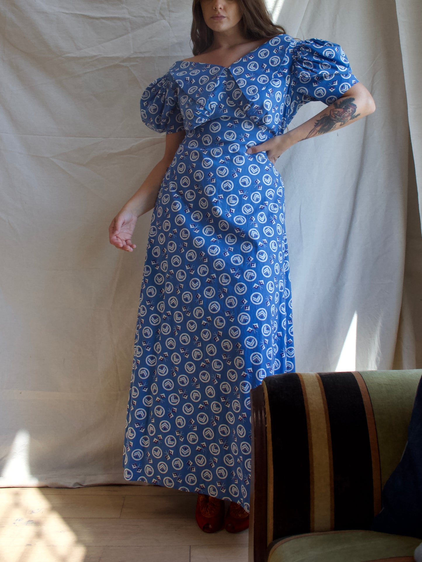 1930s Nautical Print Gigot Sleeve Cotton Beach Dress