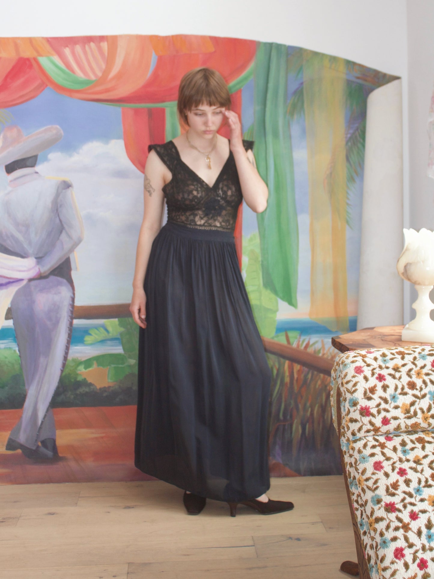 1930s Side Button Appliqué Lace & Silk Crepe Slip Dress