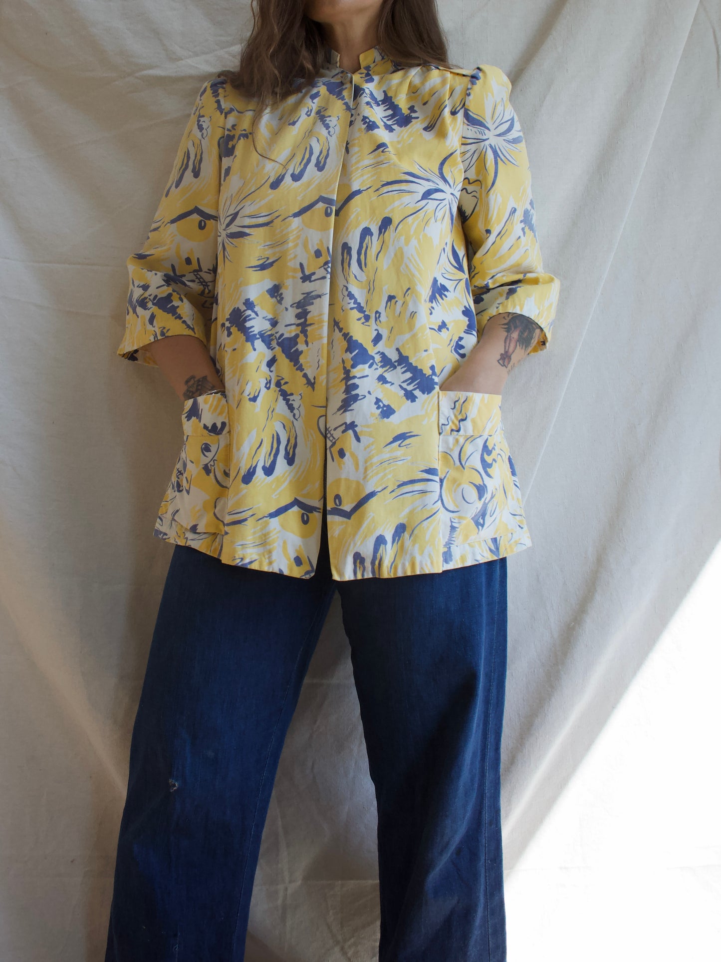 Rare 1940s Southwestern Print Cotton Twill Puff Sleeve Sportswear Smock Style Jacket