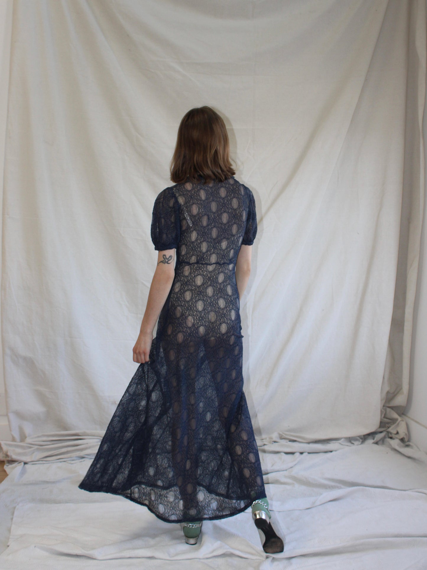 1930s Navy Blue Embroidered Net Puff Sleeve Bow Trimmed Dress