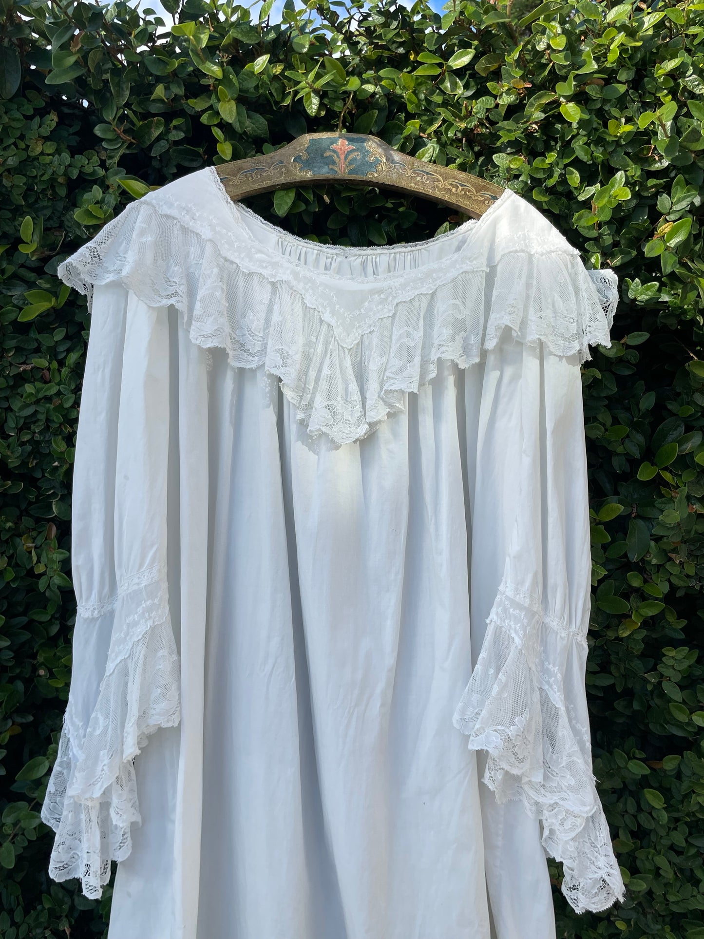 Late 19th C Cotton Ruffled Lace Angel Sleeve Trousseau Gown