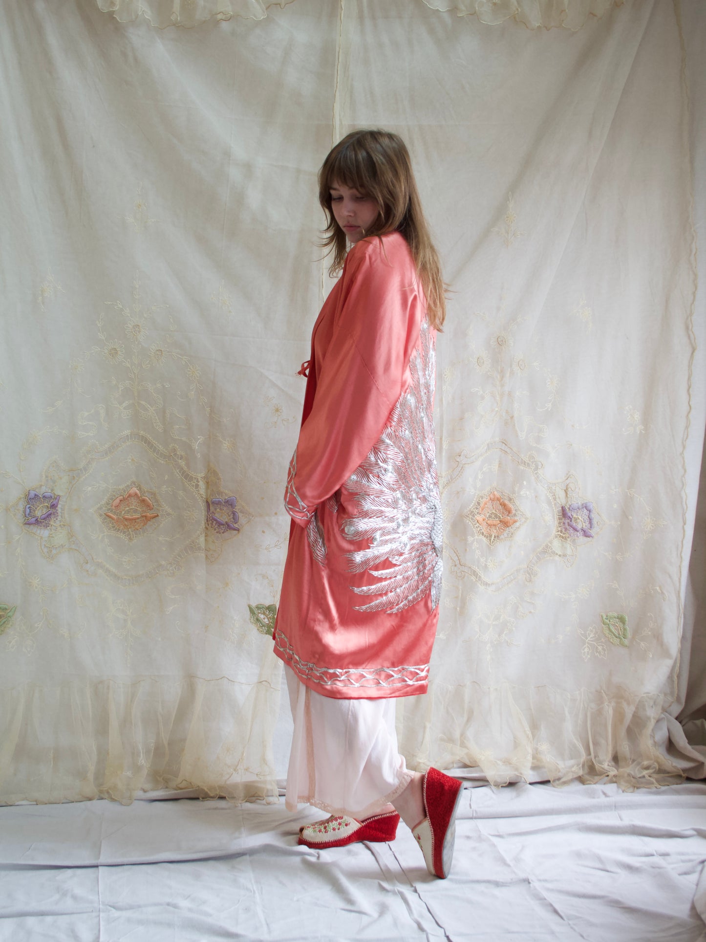 Rare 1940s Salmon Pink Gold Bullion Embroidered Peacock Robe
