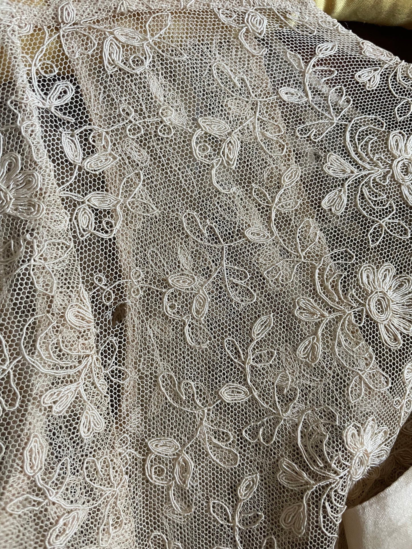 1930s Three Piece Ecru Tambour Lace Flutter Sleeve Gown