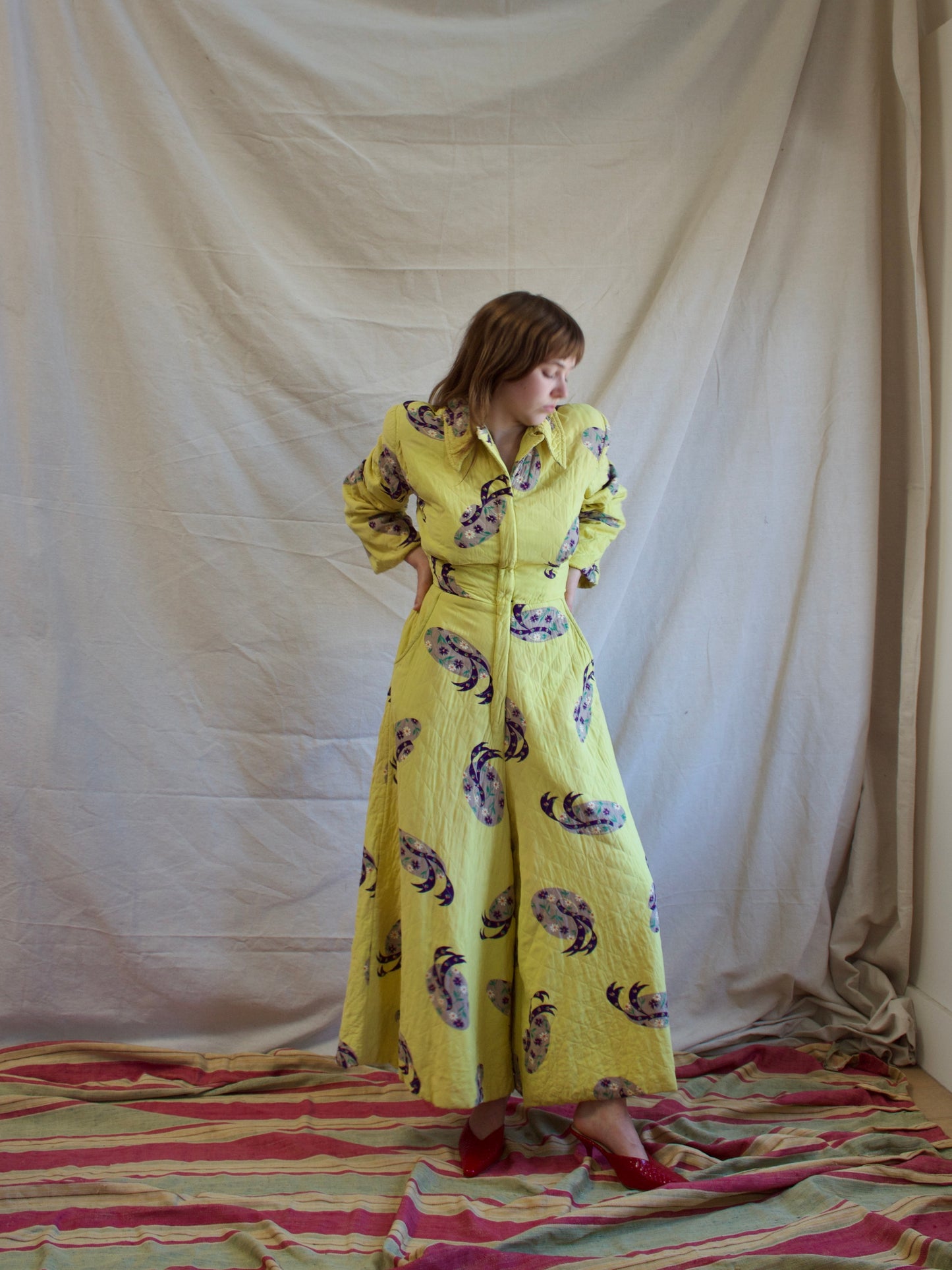 1940s Quilted Novelty Print Palazzo Pant Zip Front Jumpsuit