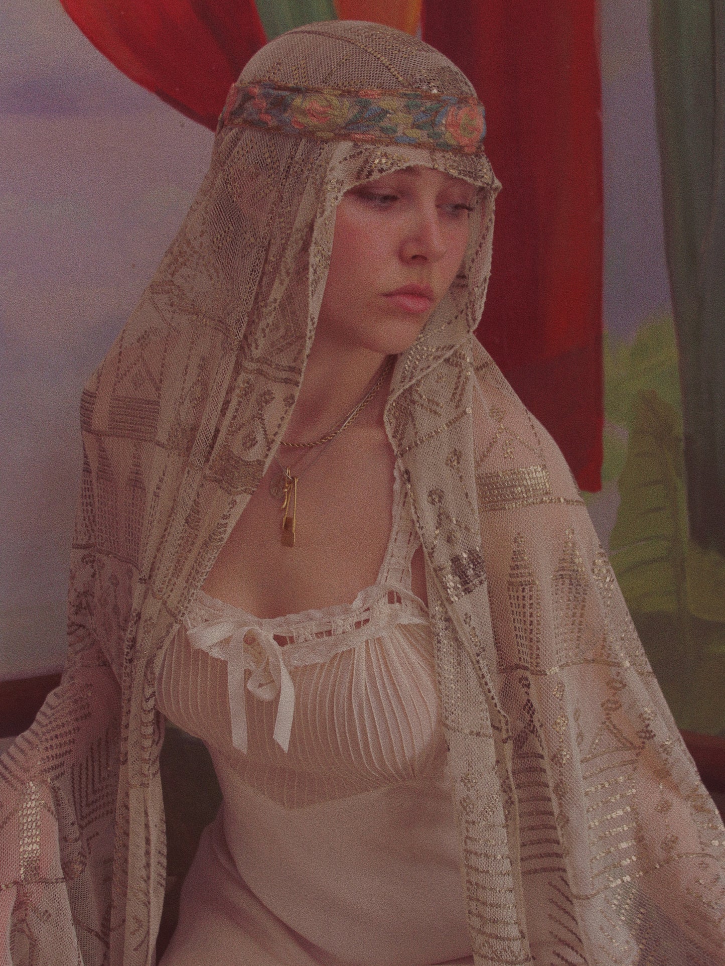Antique 1920s Cream Assuit Hammered Metal Shawl