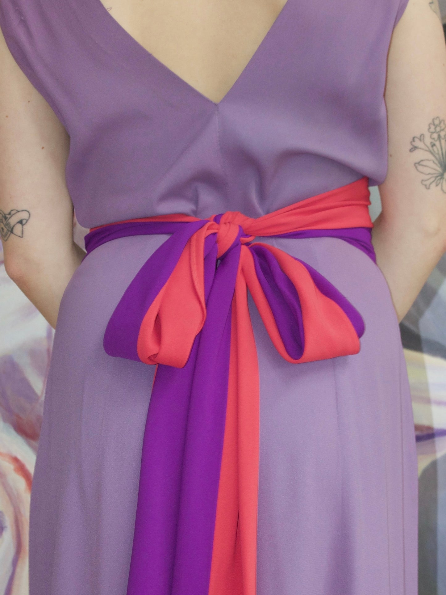 1930s Rayon Jersey Color Block Tie Waist Gown