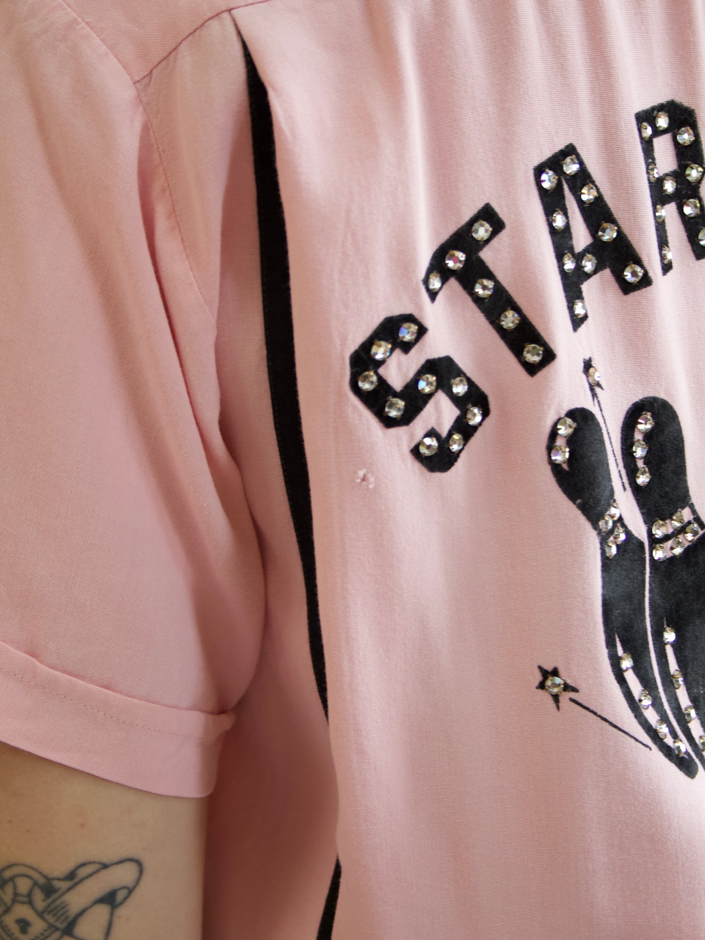 Rare 1950s “Starkeys Bowlerettes” Pink Rhinestone Embellished Gabardine Bowling Shirt