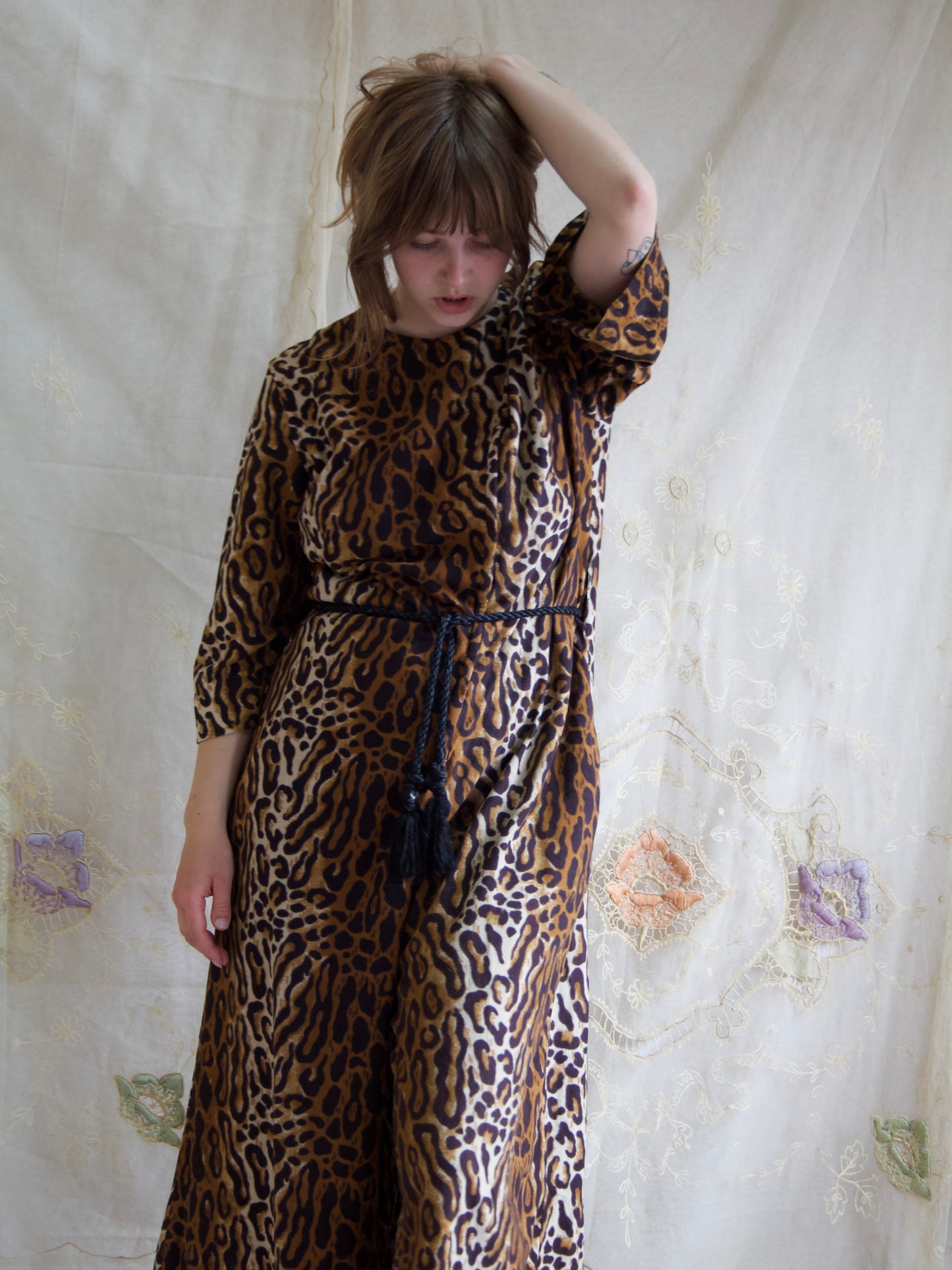 1950s Cheetah Print Plush Palazzo Pant Zip Front Lounge Jumpsuit