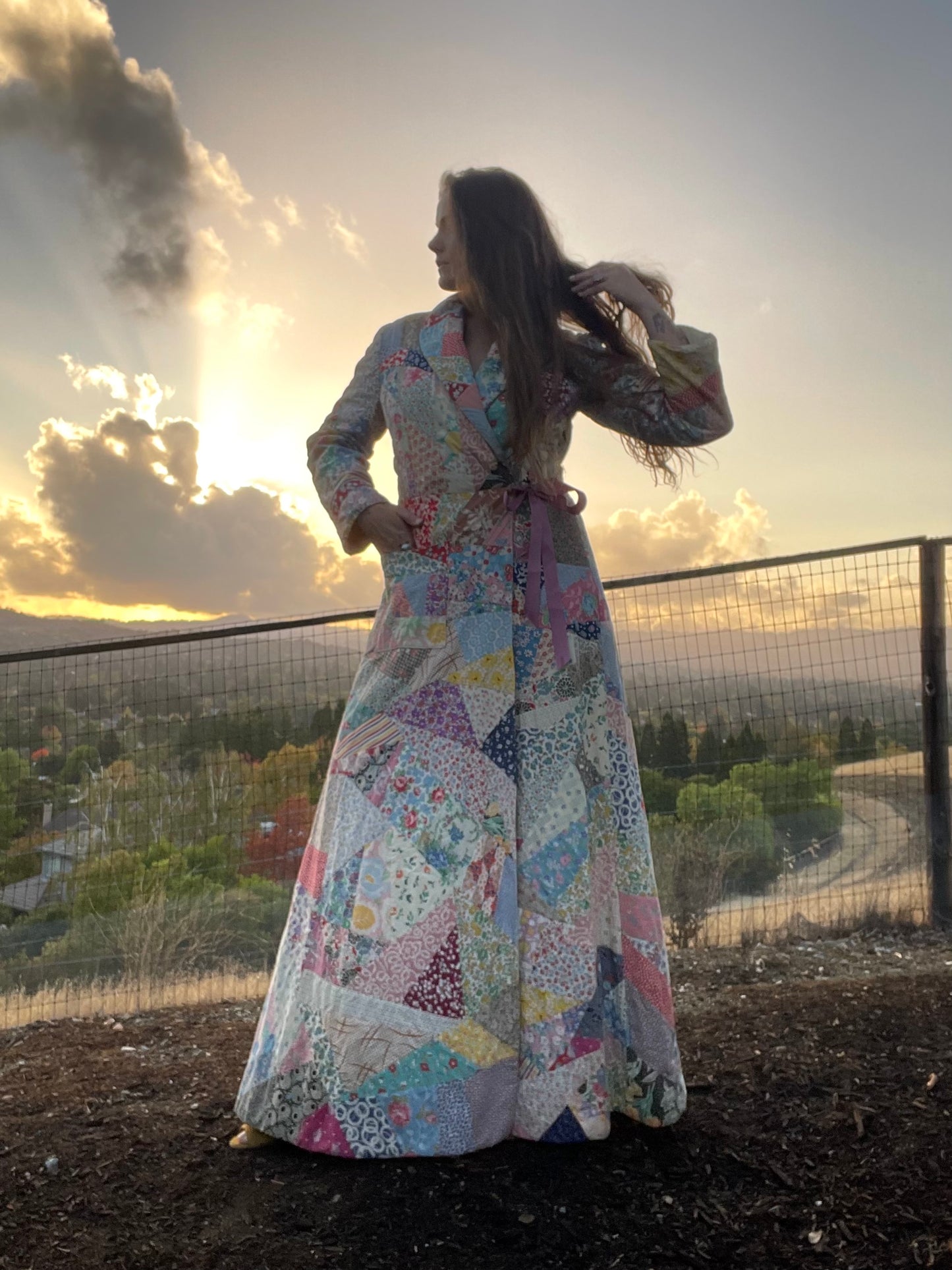 Rare 1930s Floor Length Cotton Crazy Quilt Dressing Gown