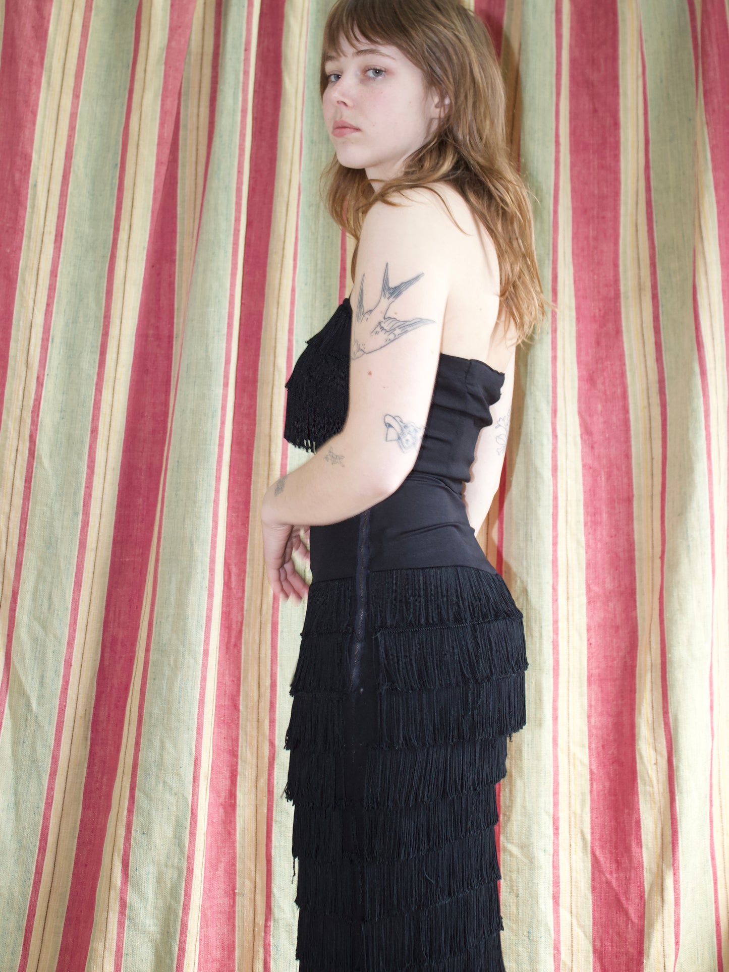 Rare 1940s Halter Style Floor Length Fringe Crepe Gown