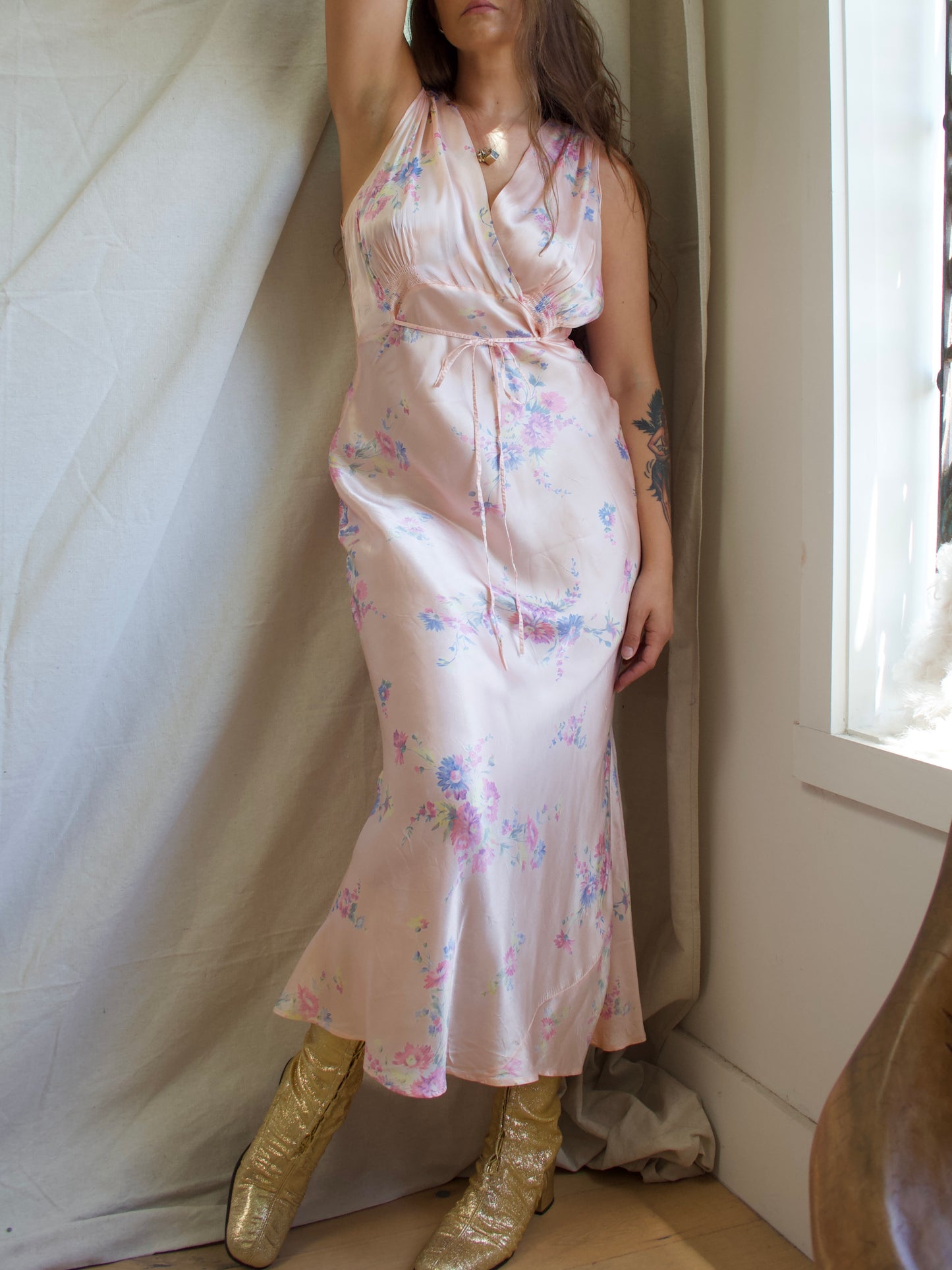 1930s Floral Satin Bias Cut Slip Dress