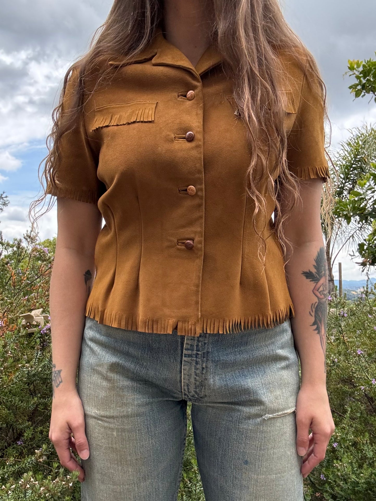 1940s Suede Leather Fringe Button Front Western Blouse
