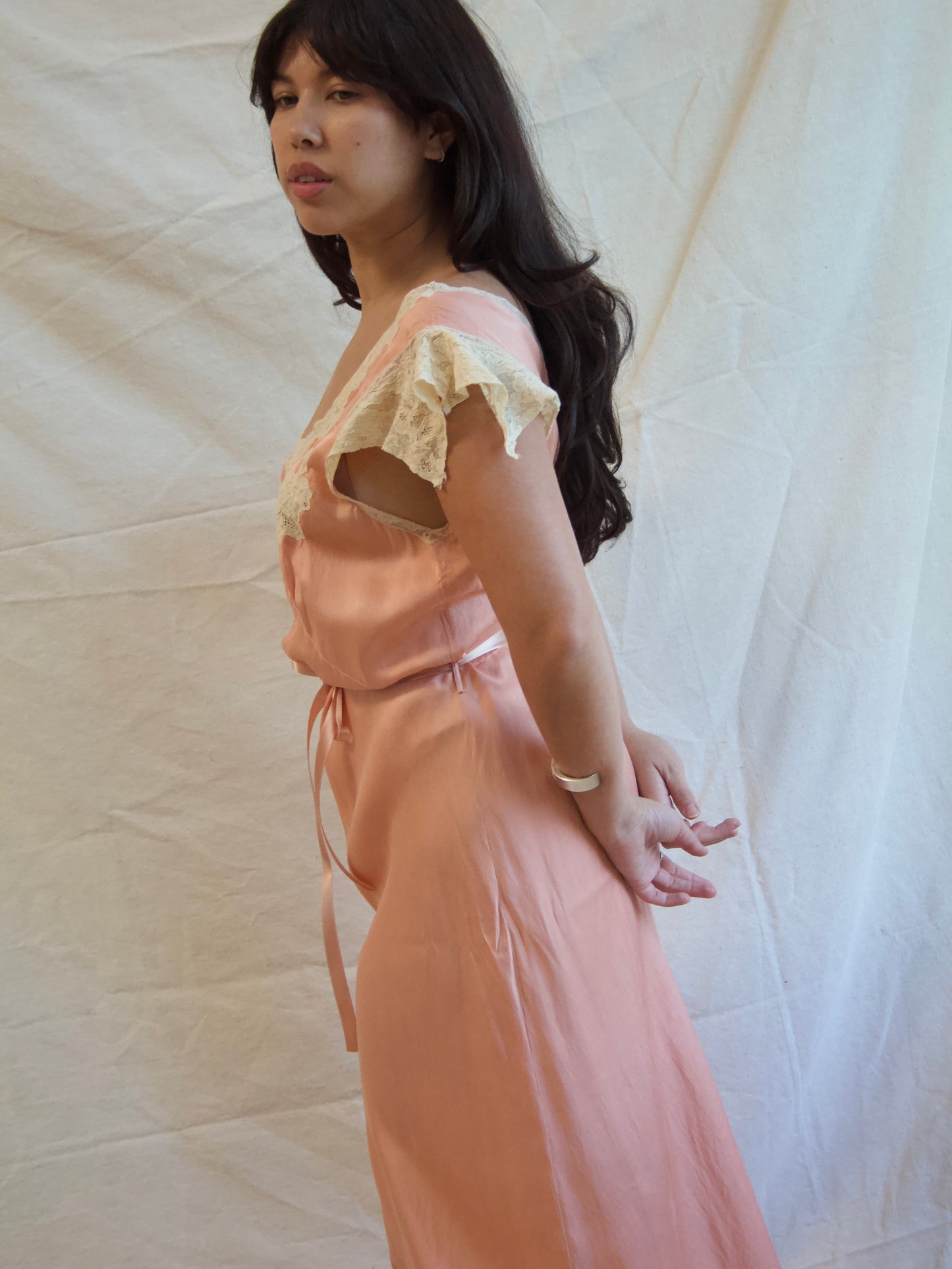 1930s Mauve Silk & Lace Cap Sleeve Bias Cut Braided Belt Slip Dress