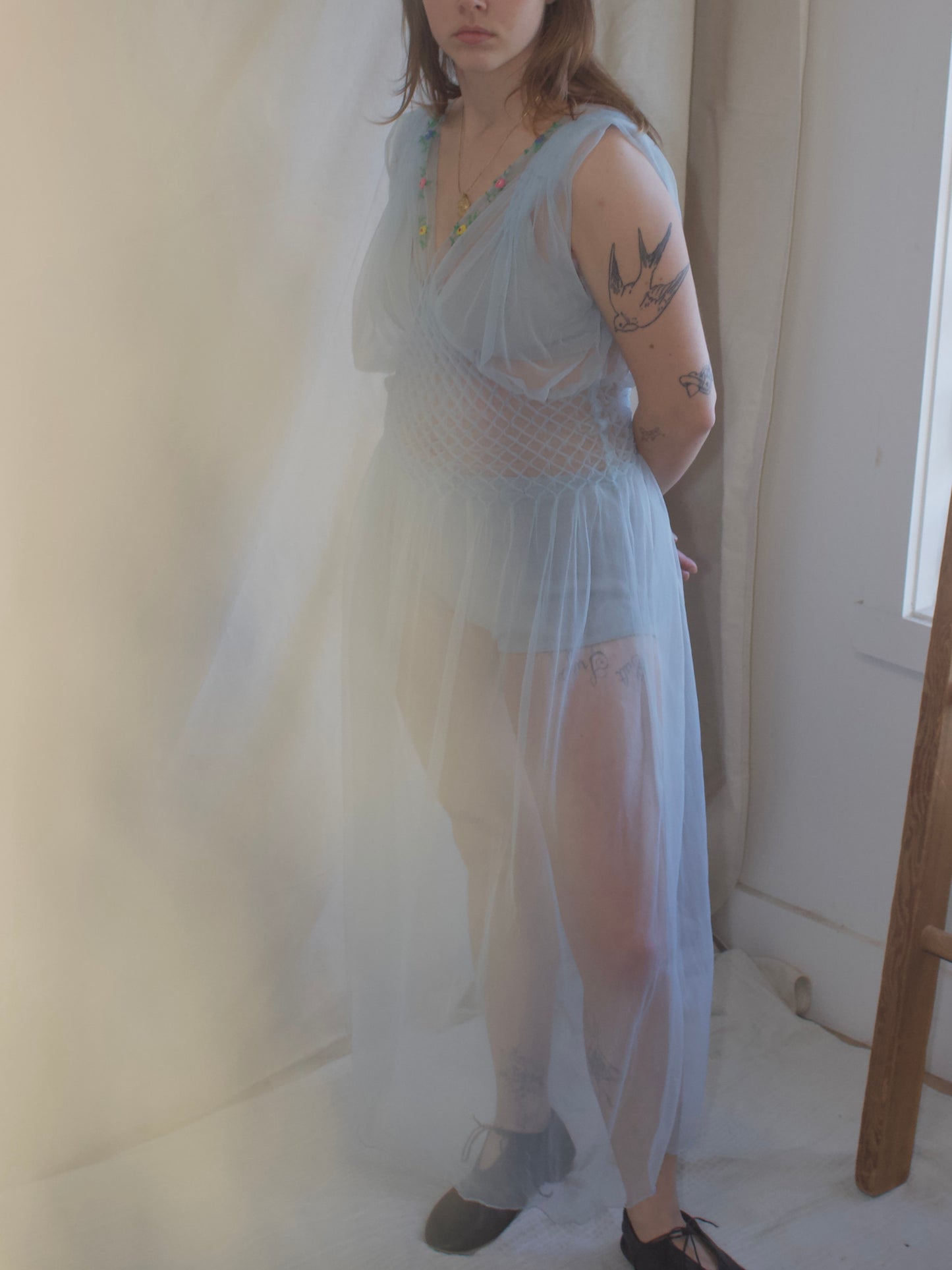 1930s/1940s Pale Blue Embroidered Nylon Honeycomb Smocked Slip Dress