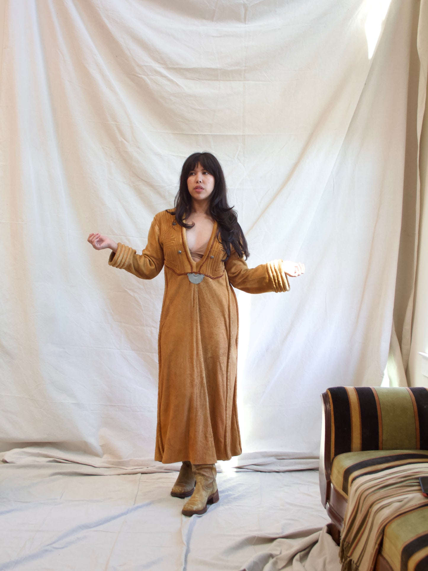 1970s OOAK Hippie Suede Leather Bell Sleeve Dress