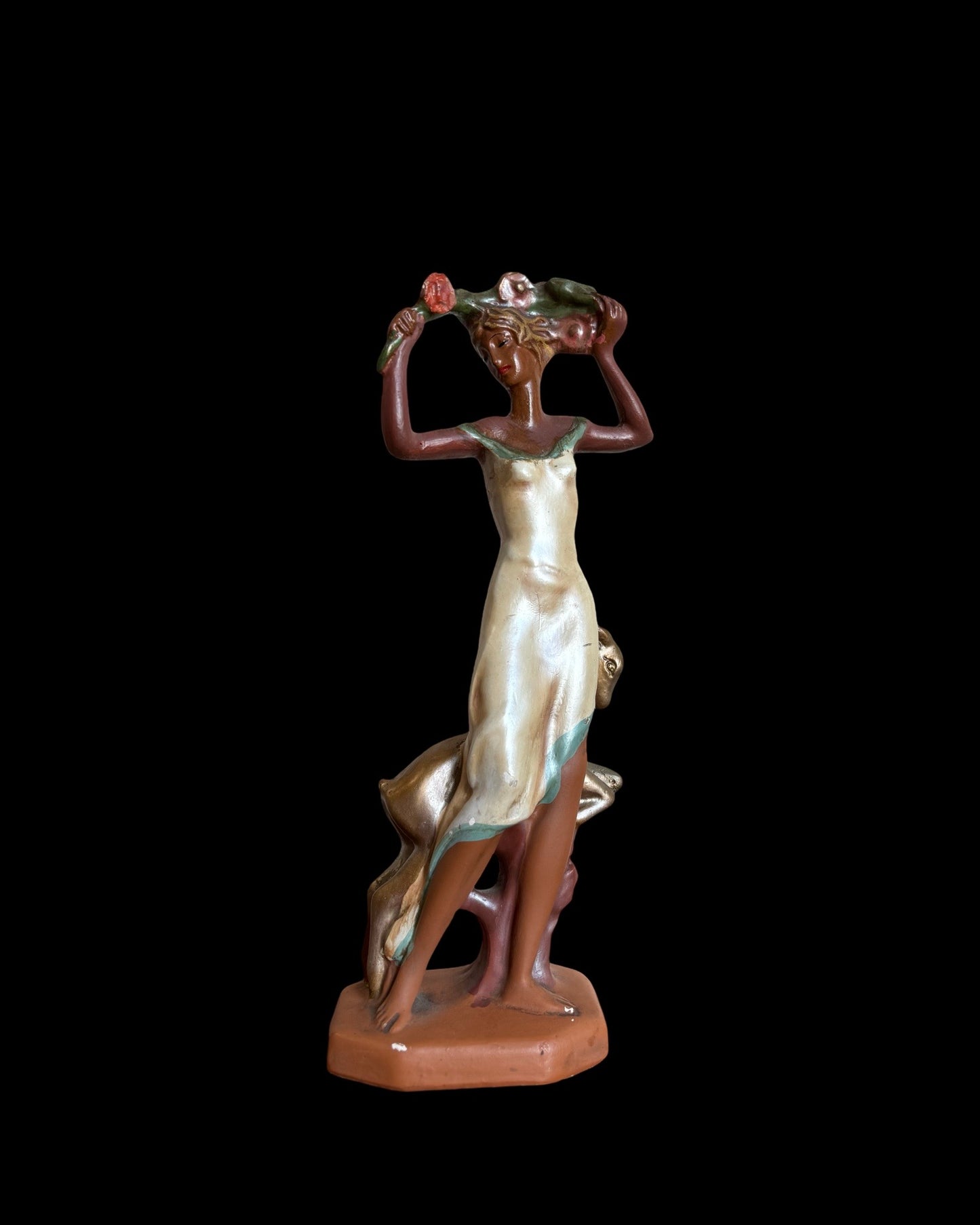 1940s Iridescent Art Nouveau Woman & Lamb Ploychrome Statuette