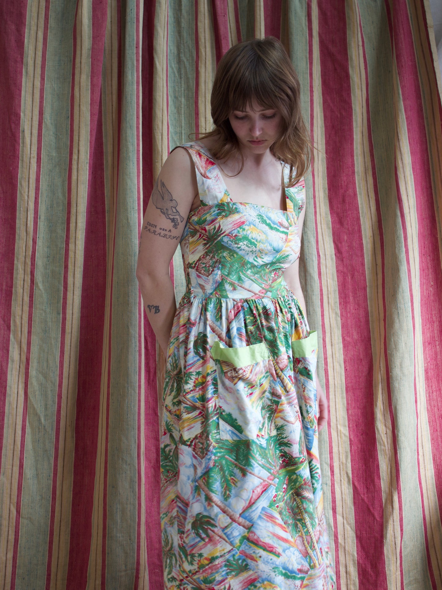 1940s 2 PC Hawaiian Print Cotton Sundress w* Chartreuse Bolero