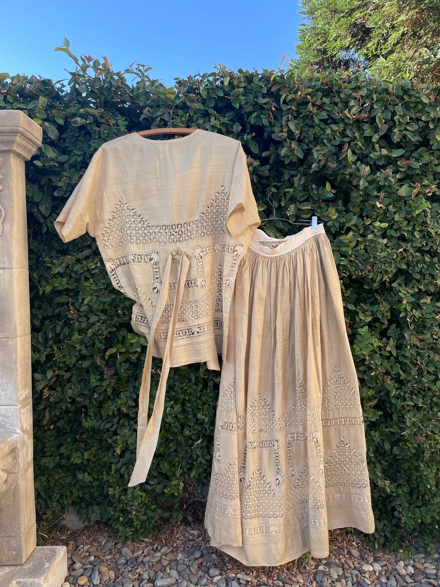 Late Teens, Early 1920s Raw Silk Spider Web Drawnwork Two Piece Dress Set