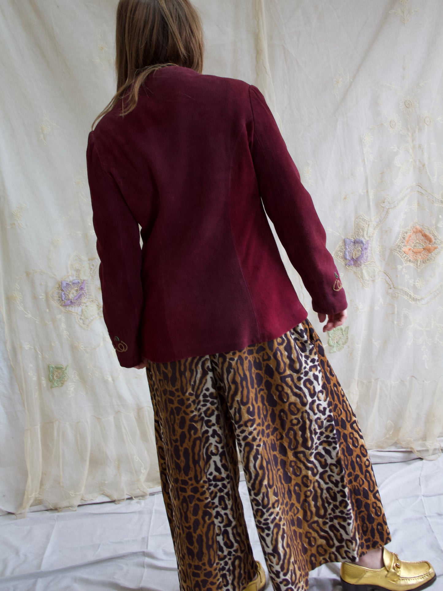 1970s Aubergine Suede Floral Applique Jacket