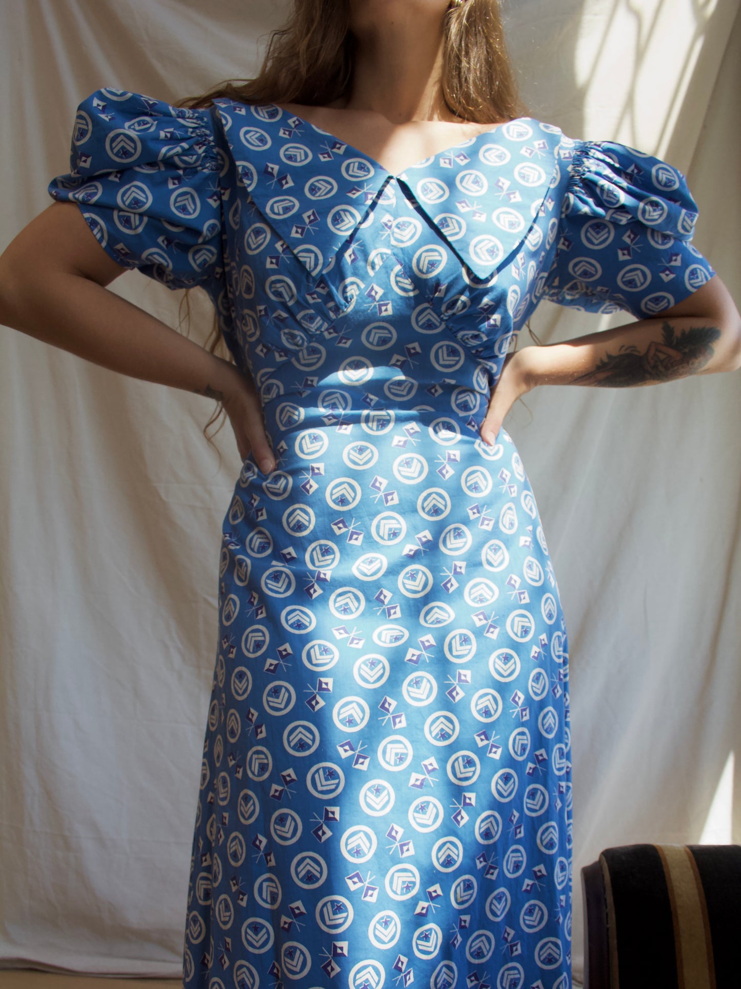 1930s Nautical Print Gigot Sleeve Cotton Beach Dress