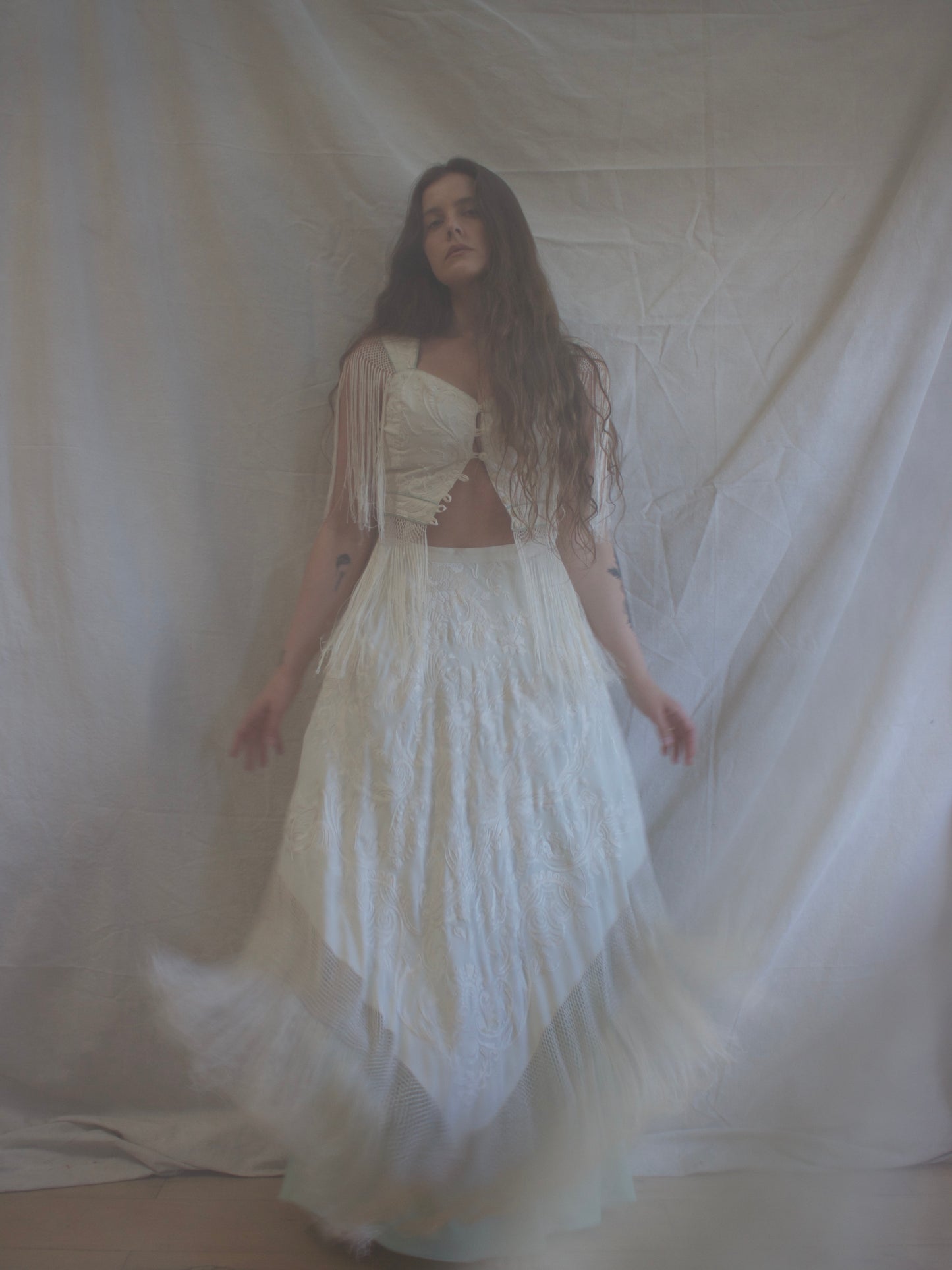 Antique Embroidered Fringe Piano Shawl Made Two Piece Gown