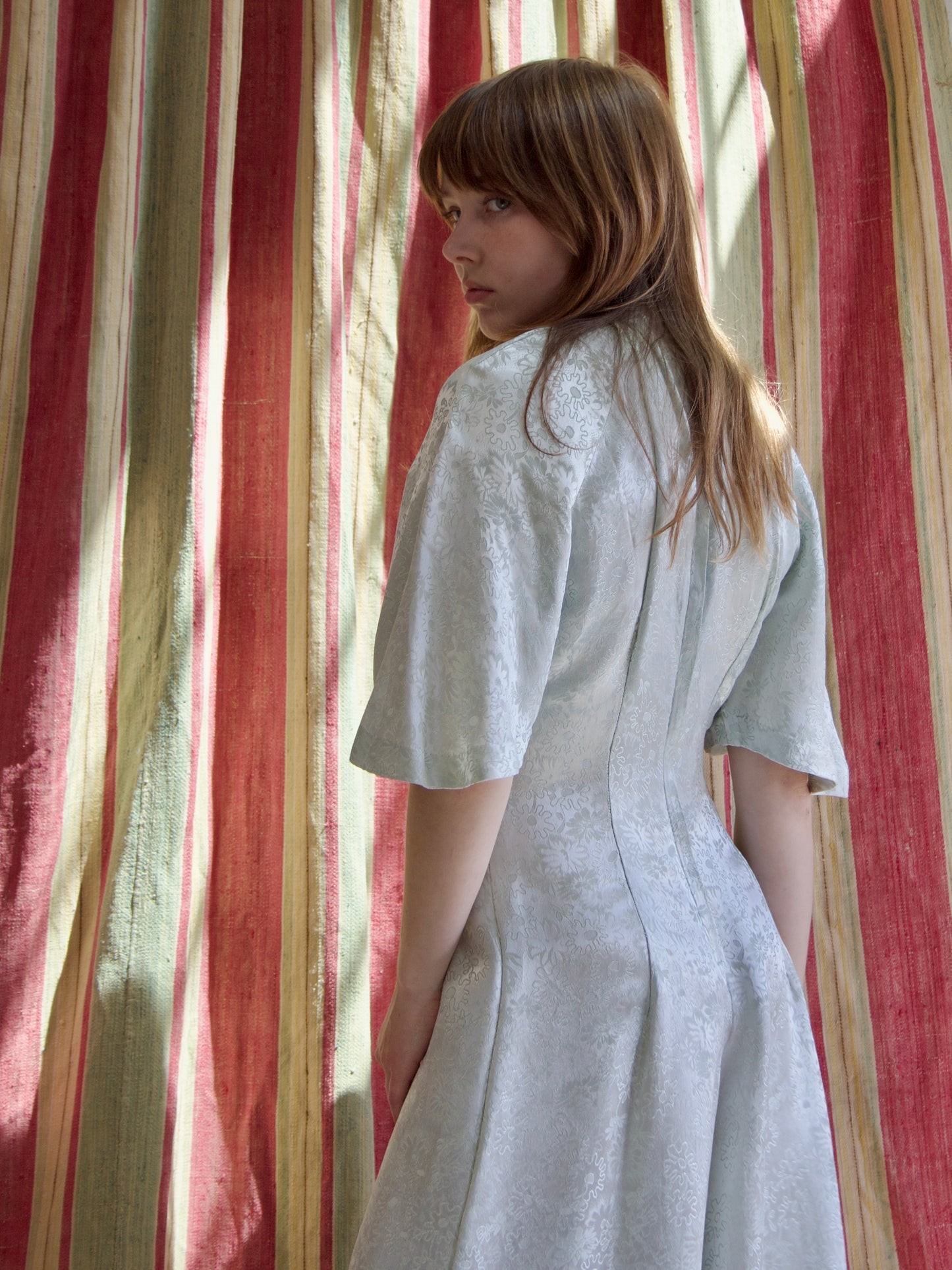 1970s Faux Silk Damask Bell Sleeve High Neck Palazzo Pant Jumpsuit
