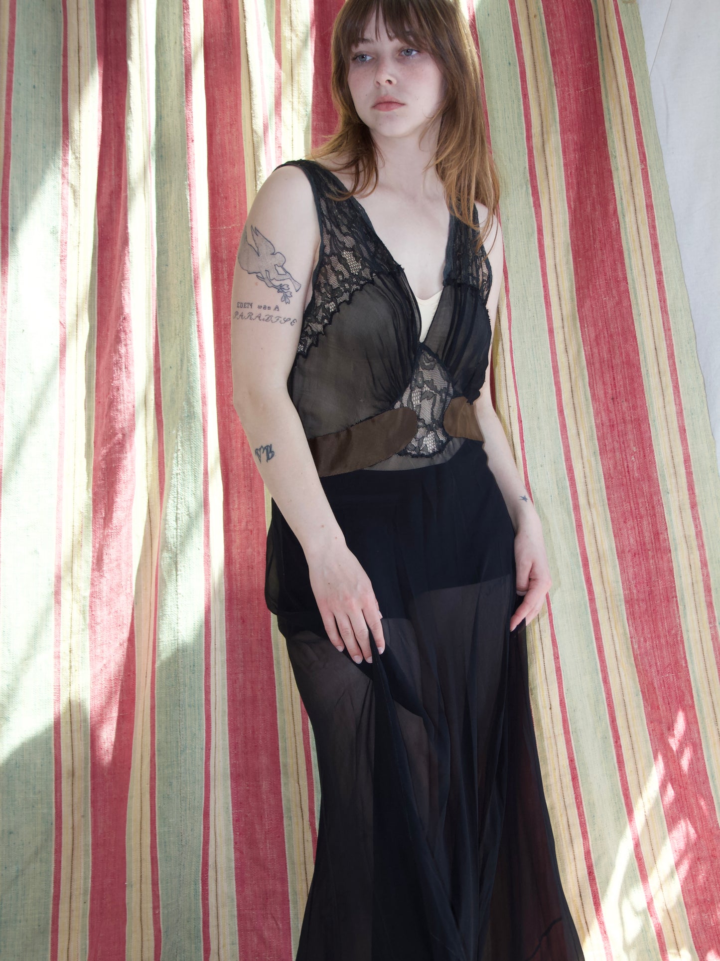 1930s Plunging Bias Cut Two Tone Silk Chiffon & Lace Trim Gown