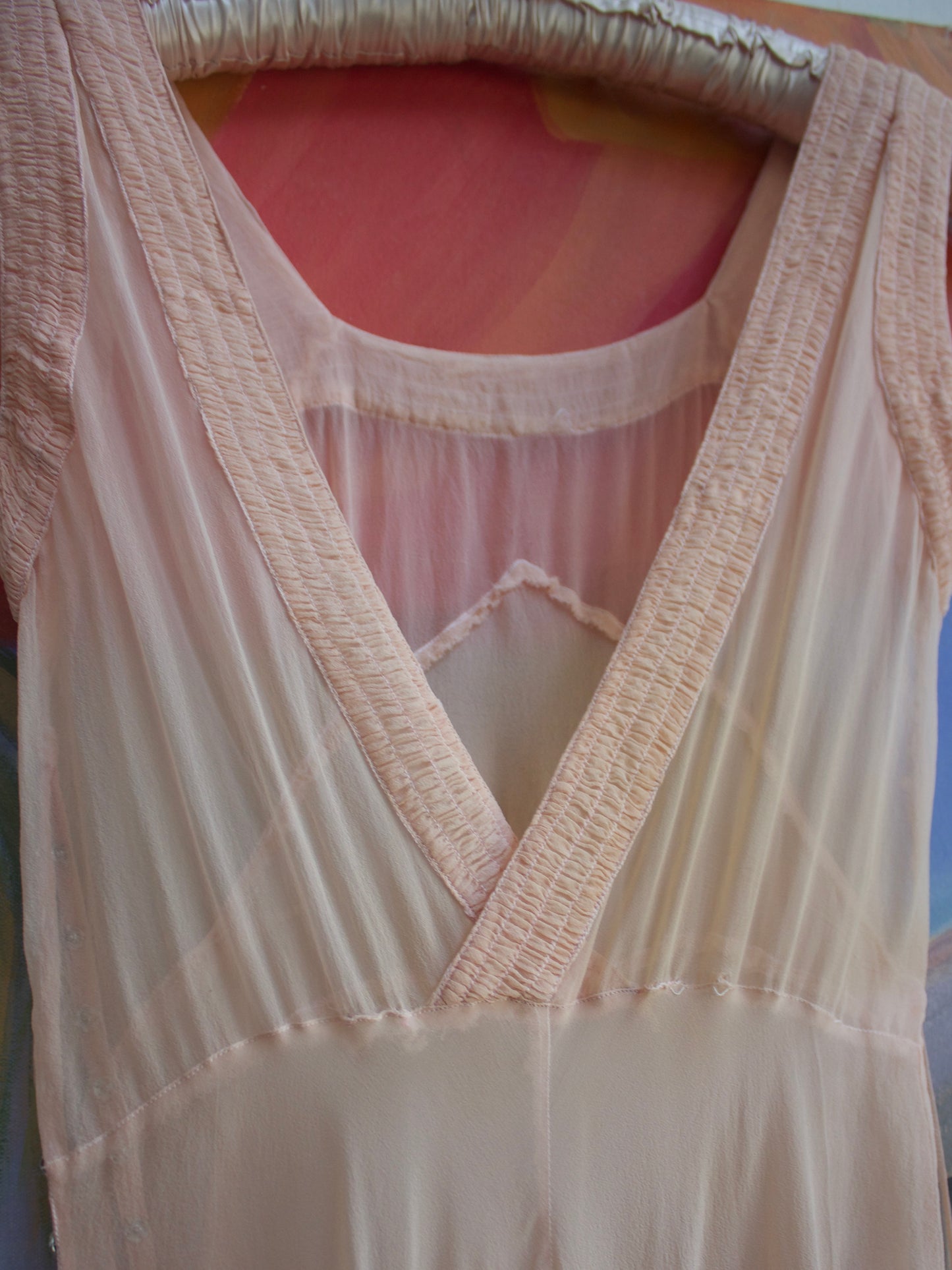 1930s Pale Pink Silk Chiffon Smocked Tie Waist Gown