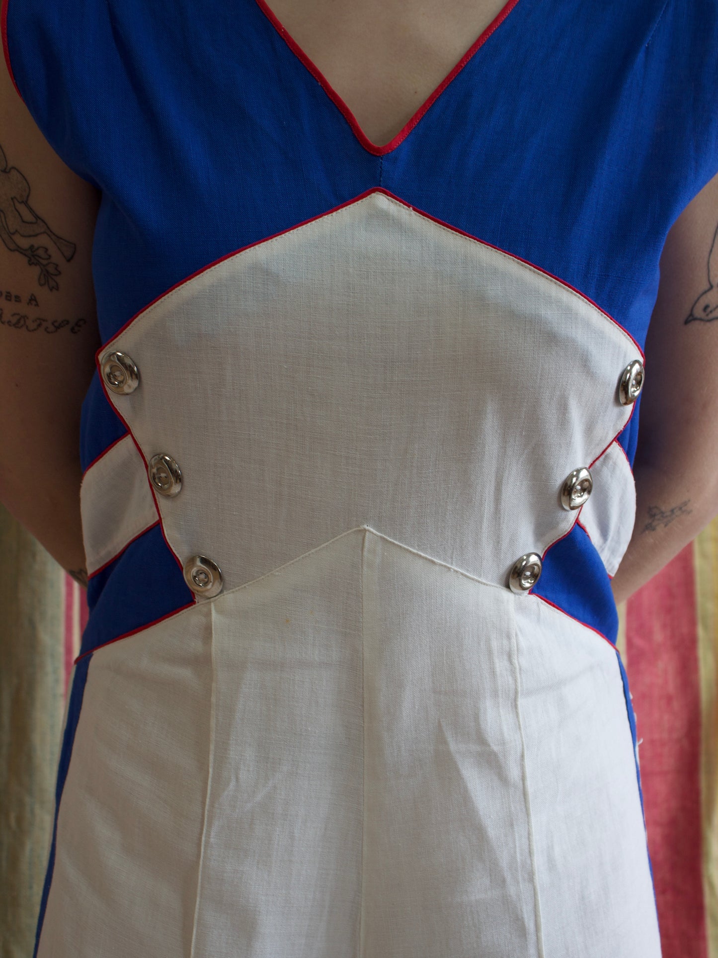 Rare 1930s Tri-Tone Cotton Side Button Beach Pajamas / Overalls w* Side Cinch