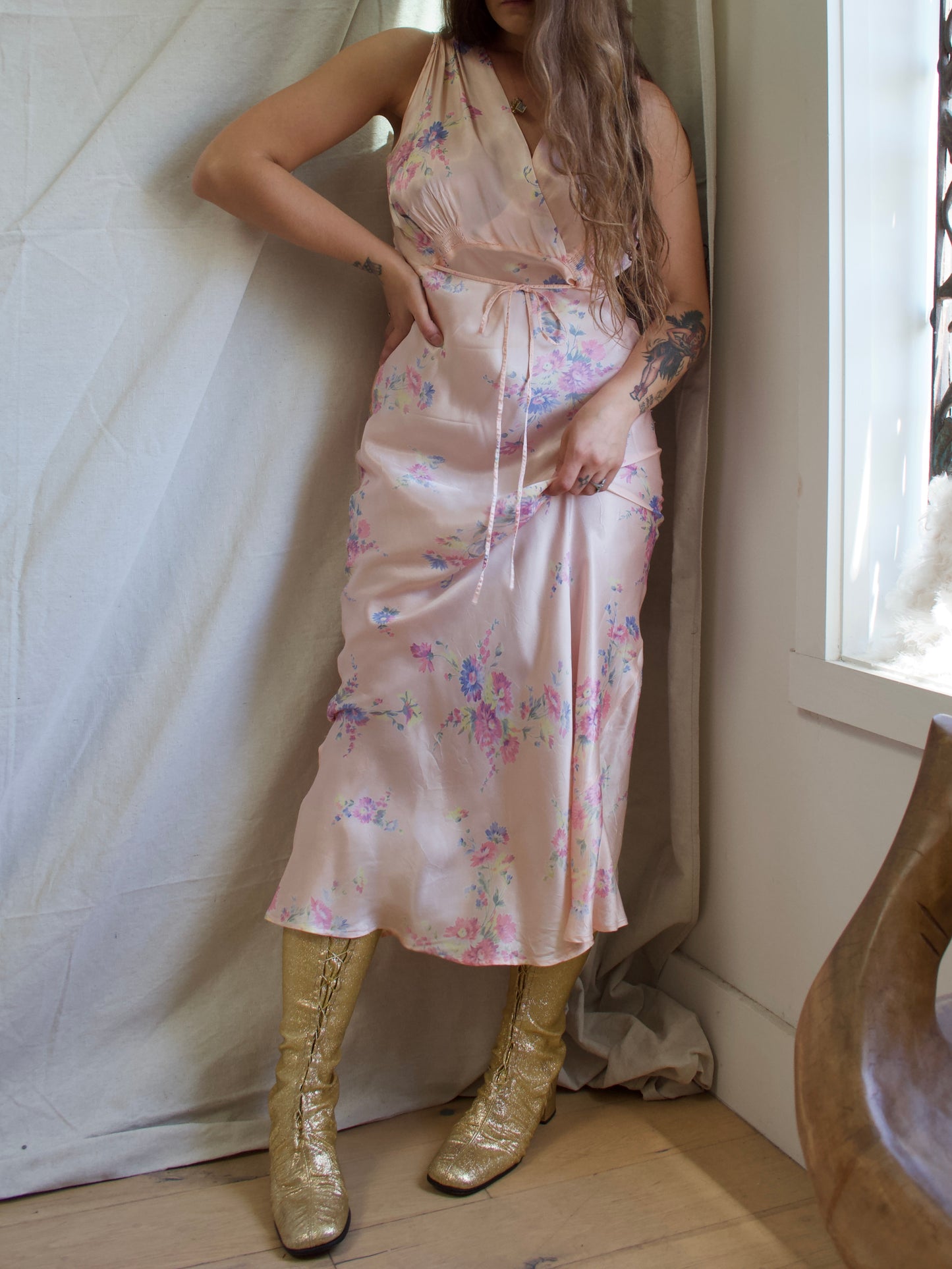 1930s Floral Satin Bias Cut Slip Dress