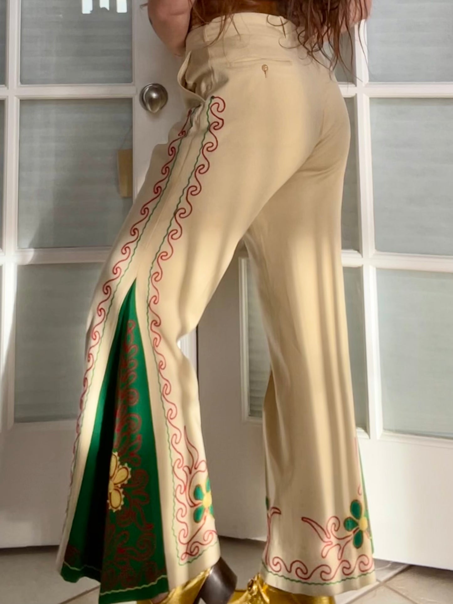 1930s Custom Made Floral Motif Chain Stitched Kick Flare Wool Pants