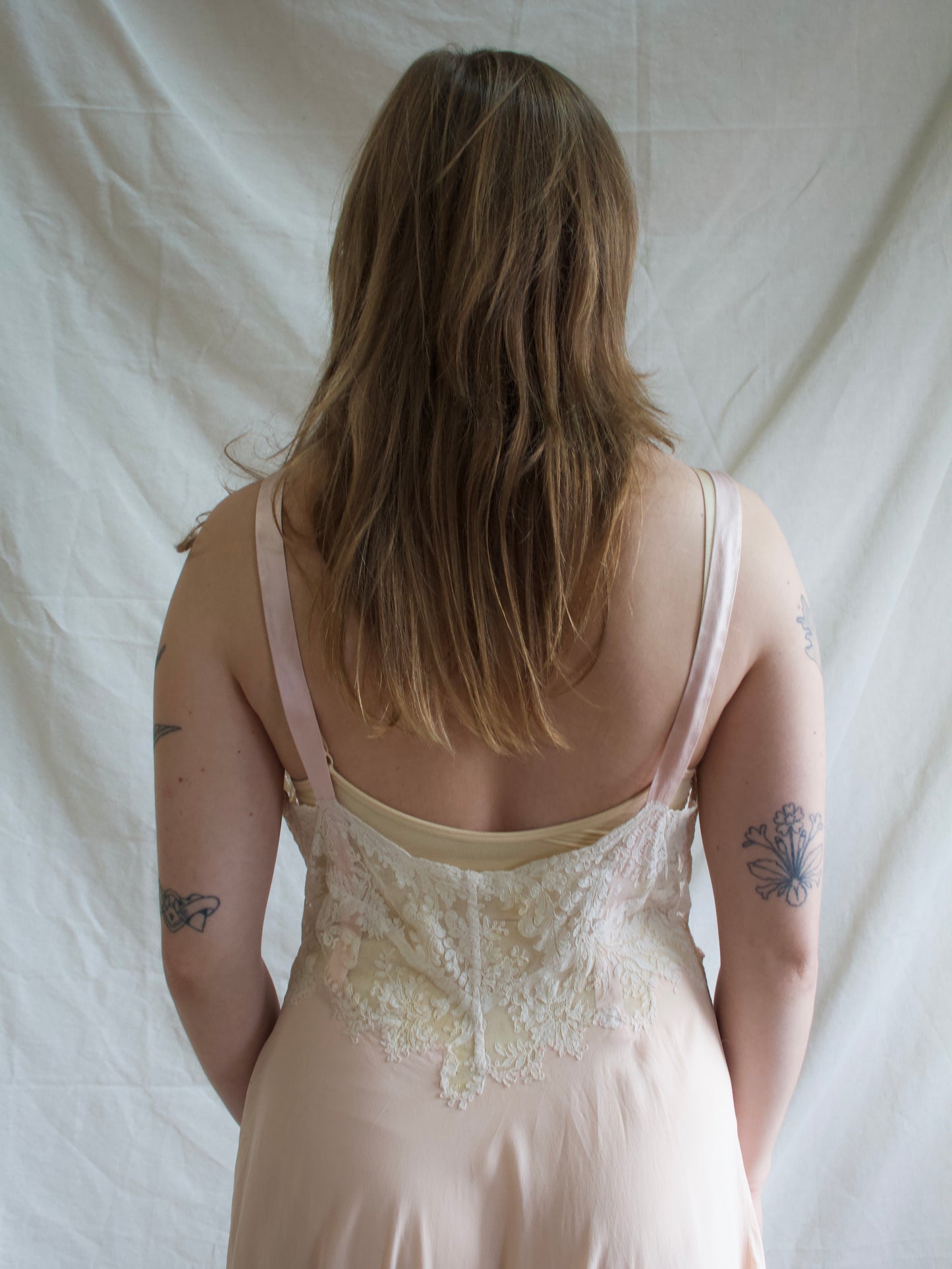 1930s Hand Sewn Bias Cut Silk Lace Floral Appliqués Slip Dress