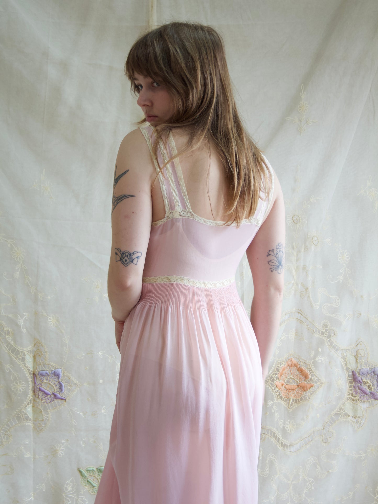 1930s Pale Silk Chiffon & Lace Hand Embroidered Slip Dress