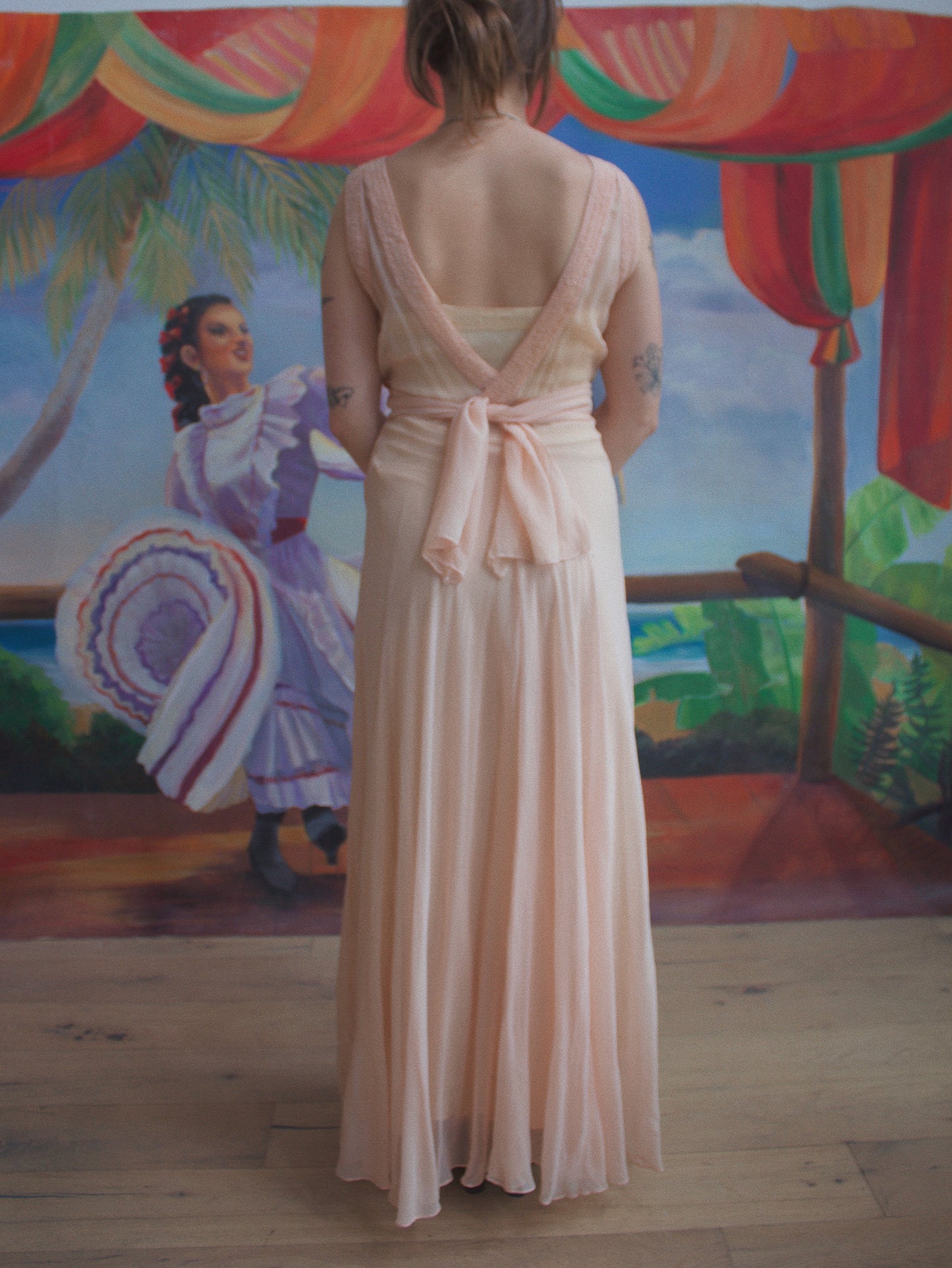 1930s Pale Pink Silk Chiffon Smocked Tie Waist Gown