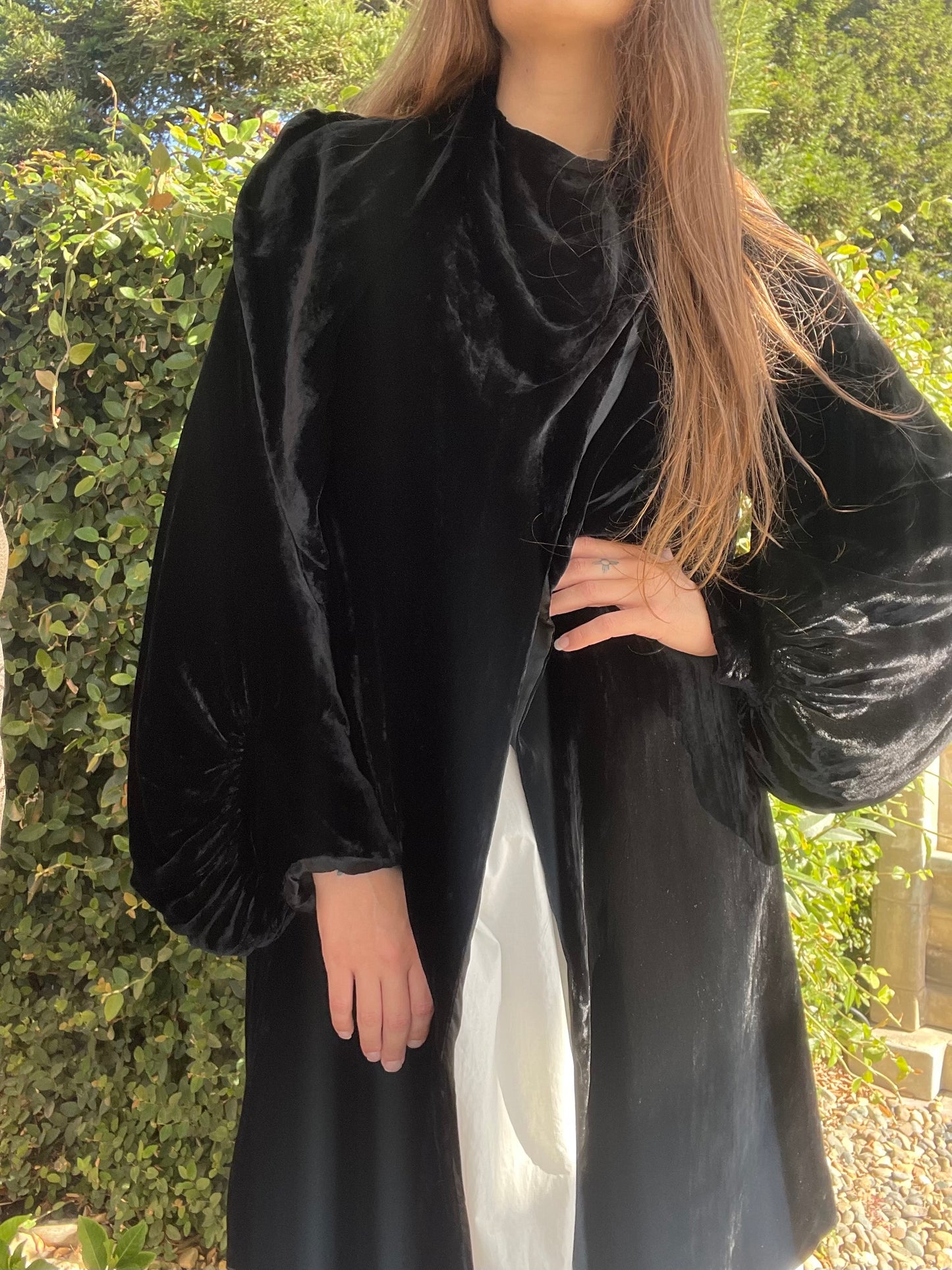 1920s Asymmetrical Collar Noir Silk Velvet Coat