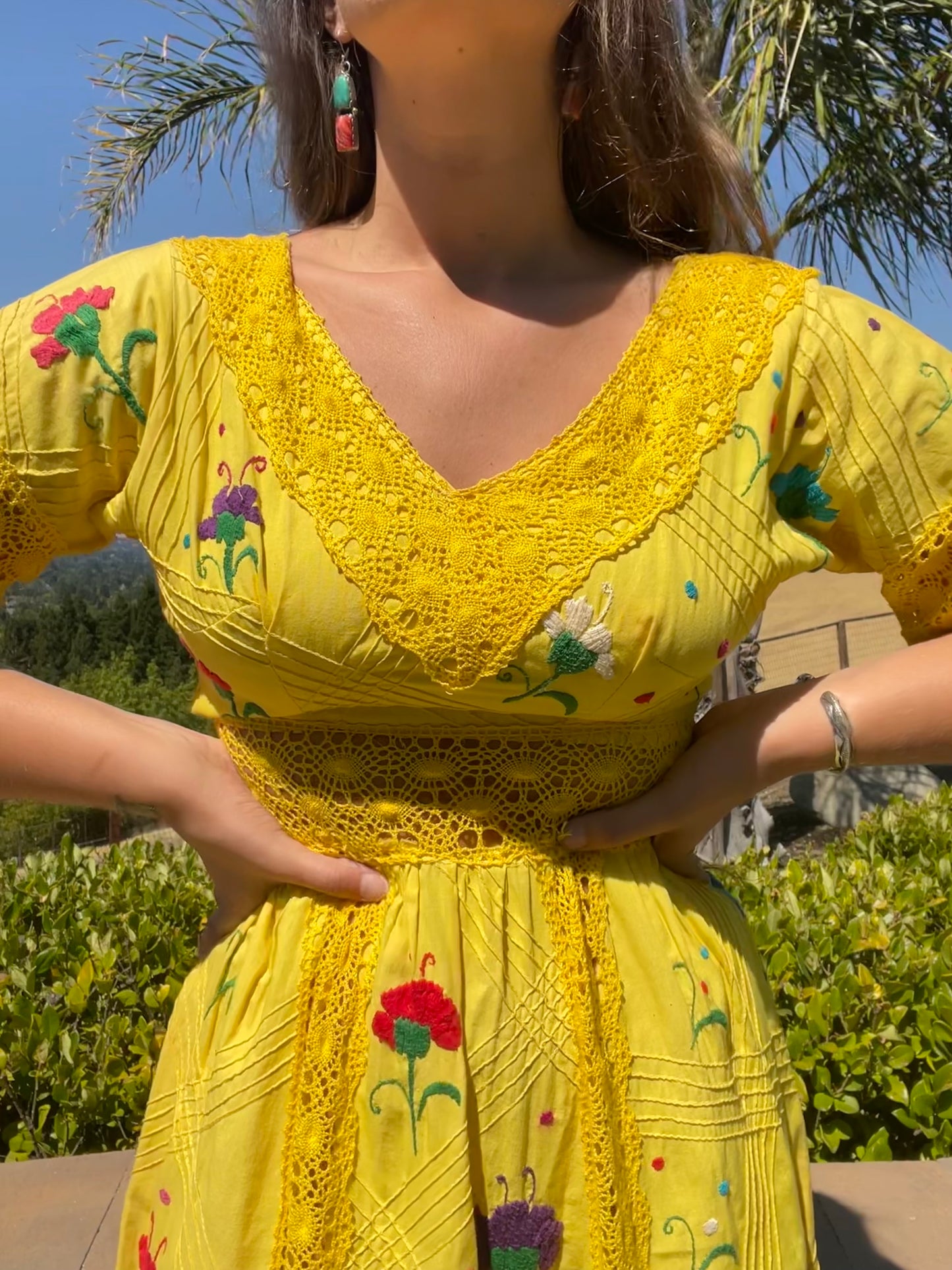 1970s Vibrant Yellow Embroidered Mexican Maxi Length Bell Sleeve Dress