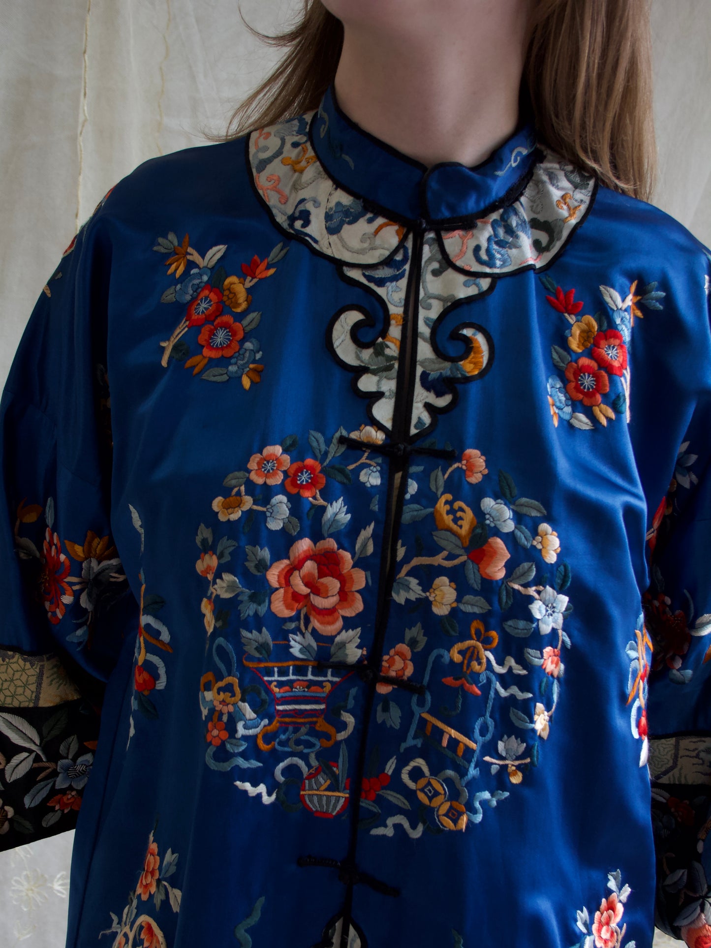 1940s Royal Blue Silk Chinese Mandarin Collar Robe