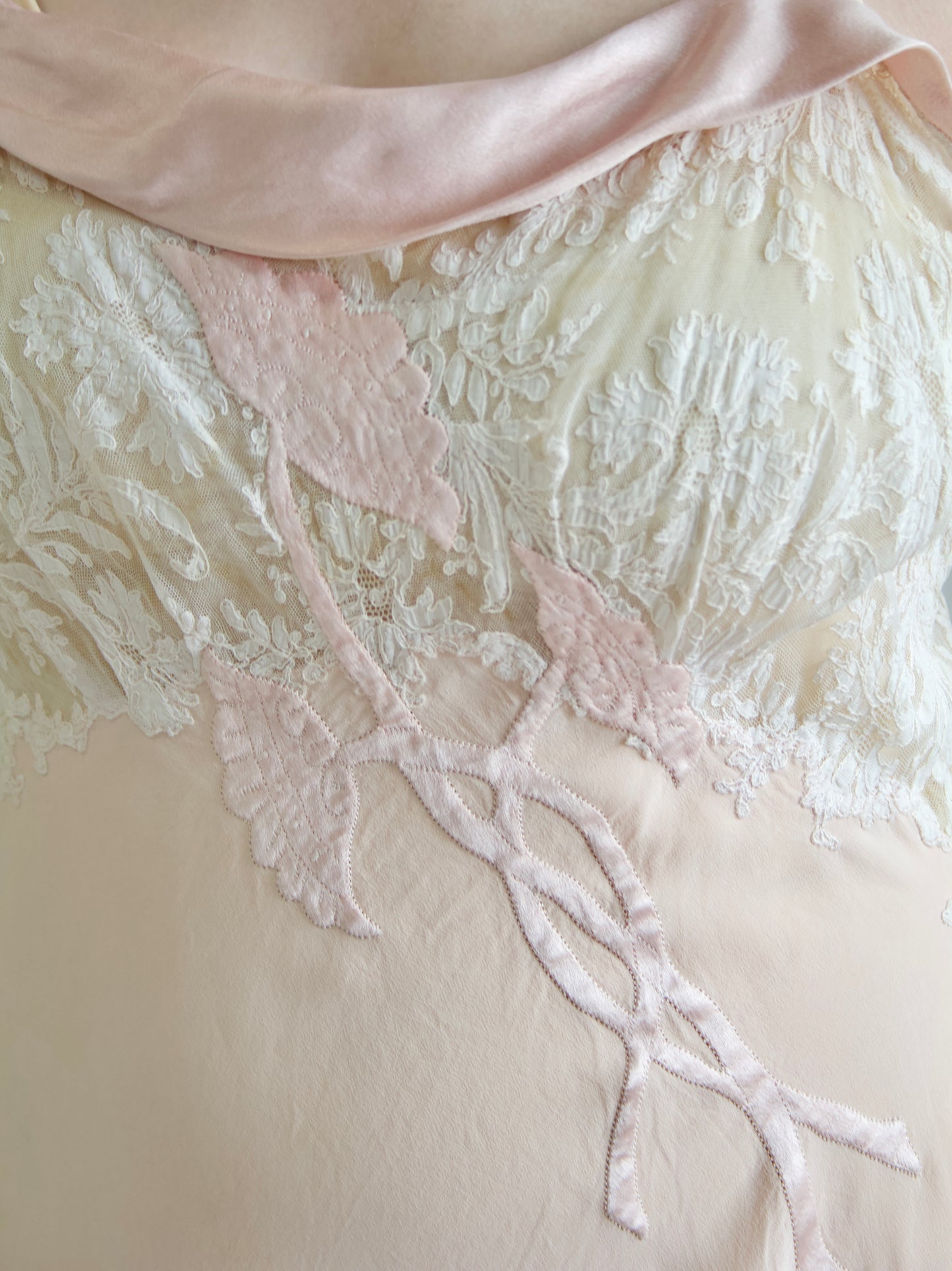 1930s Hand Sewn Bias Cut Silk Lace Floral Appliqués Slip Dress