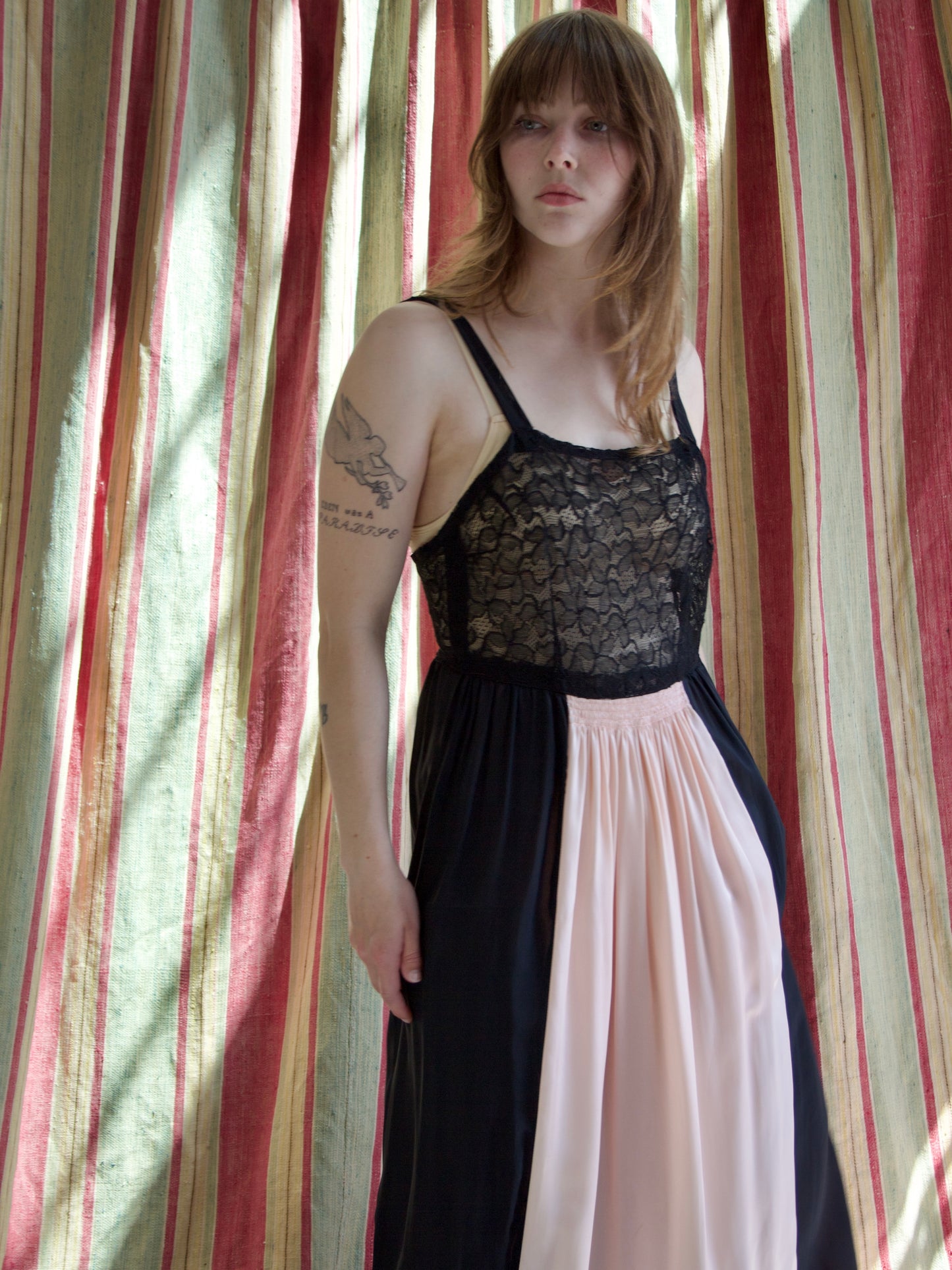 1930s Colorblock Lace & Rayon Satin Slip Dress