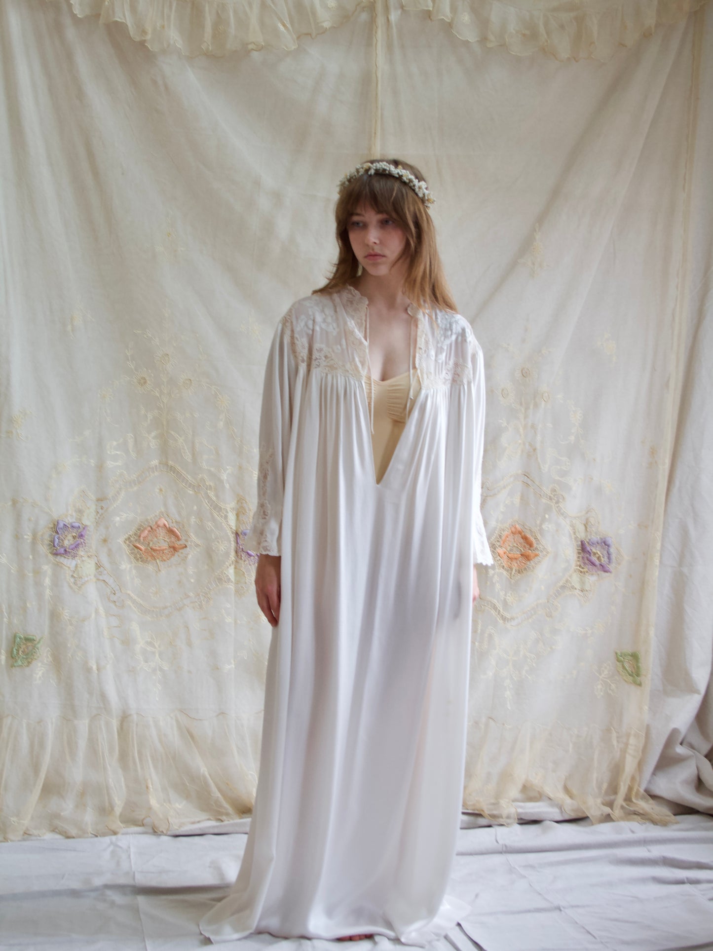 Rare 1930s Silk Lace Hand Sewn Balloon Sleeve Deep V Trousseau Gown