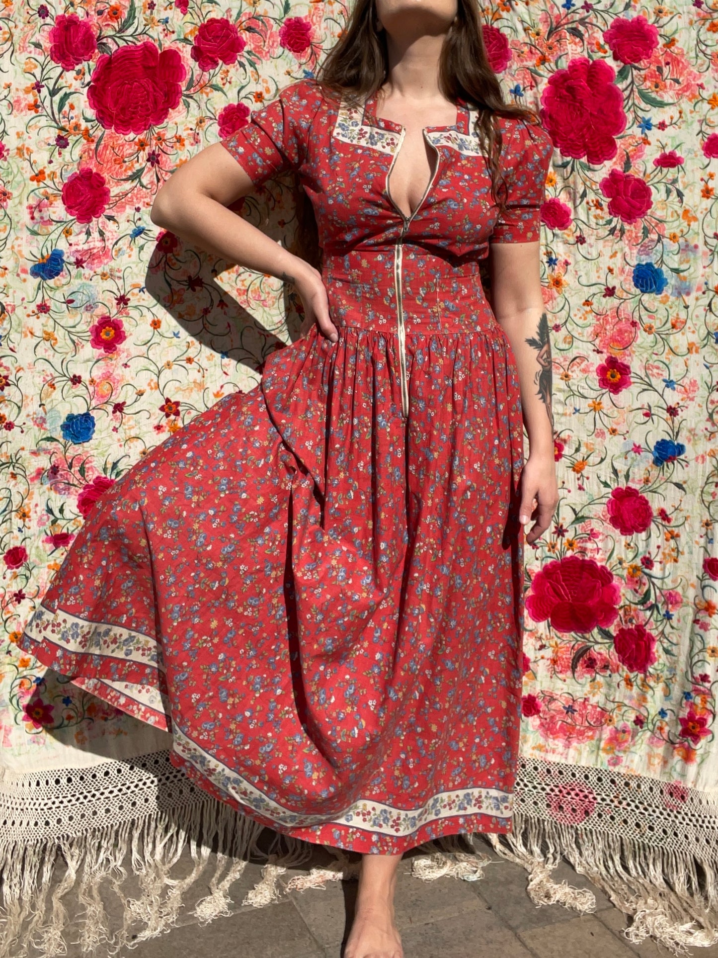 Romantic 1930s Puff Sleeve Zip Front Floral Cotton Dress