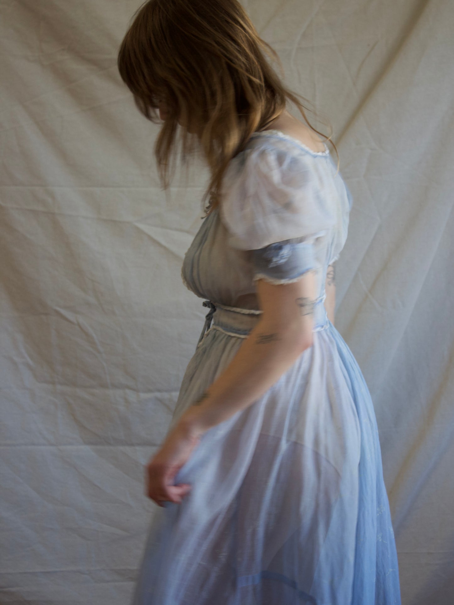 1940s Novelty Print Organza Puff Sleeve Ice Blue Dress