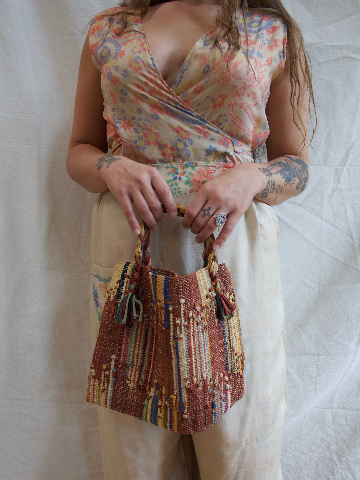 1930s Handmade Woven Autumnal Rag Rug Handbag