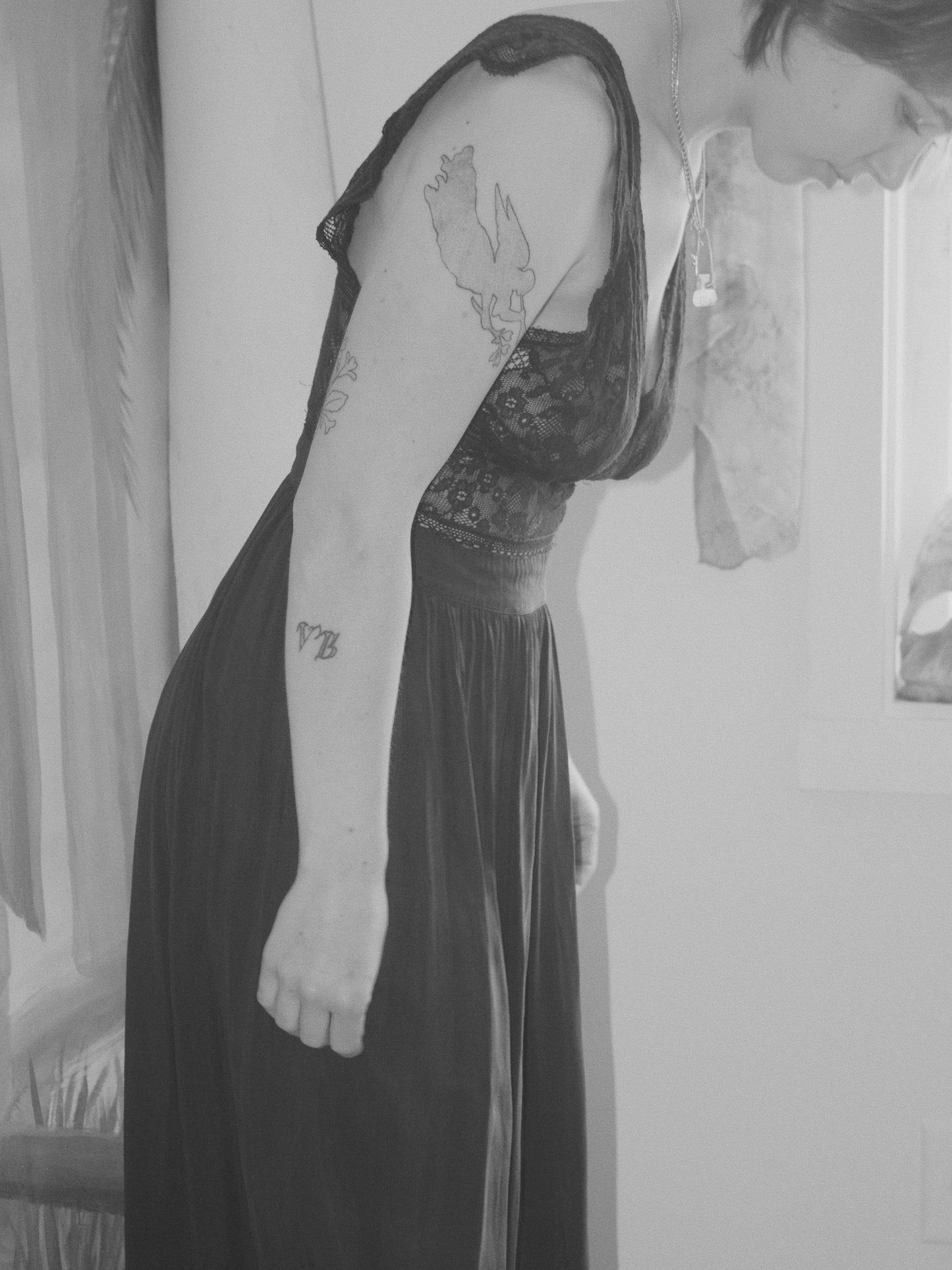 1930s Side Button Appliqué Lace & Silk Crepe Slip Dress