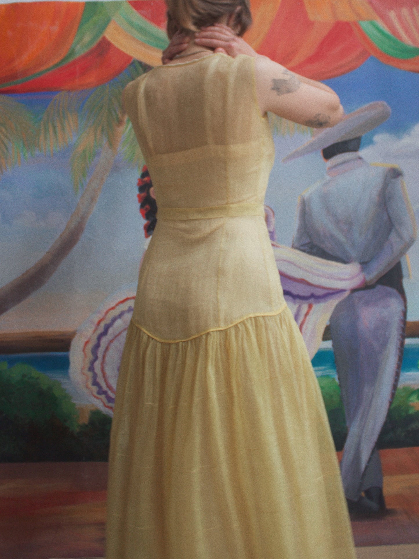 1930s Buttery-Chartreuse Silk Organza Drop Waist Gown