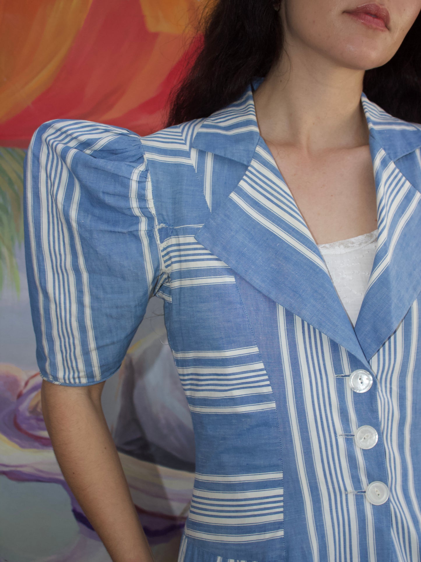 1930s Extreme Puff Sleeve Striped Chambray Floor Length Duster