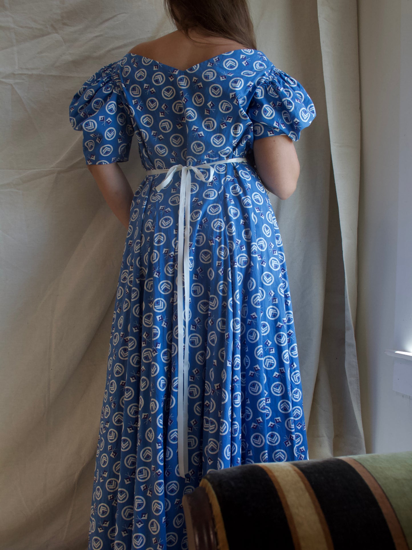 1930s Nautical Print Gigot Sleeve Cotton Beach Dress