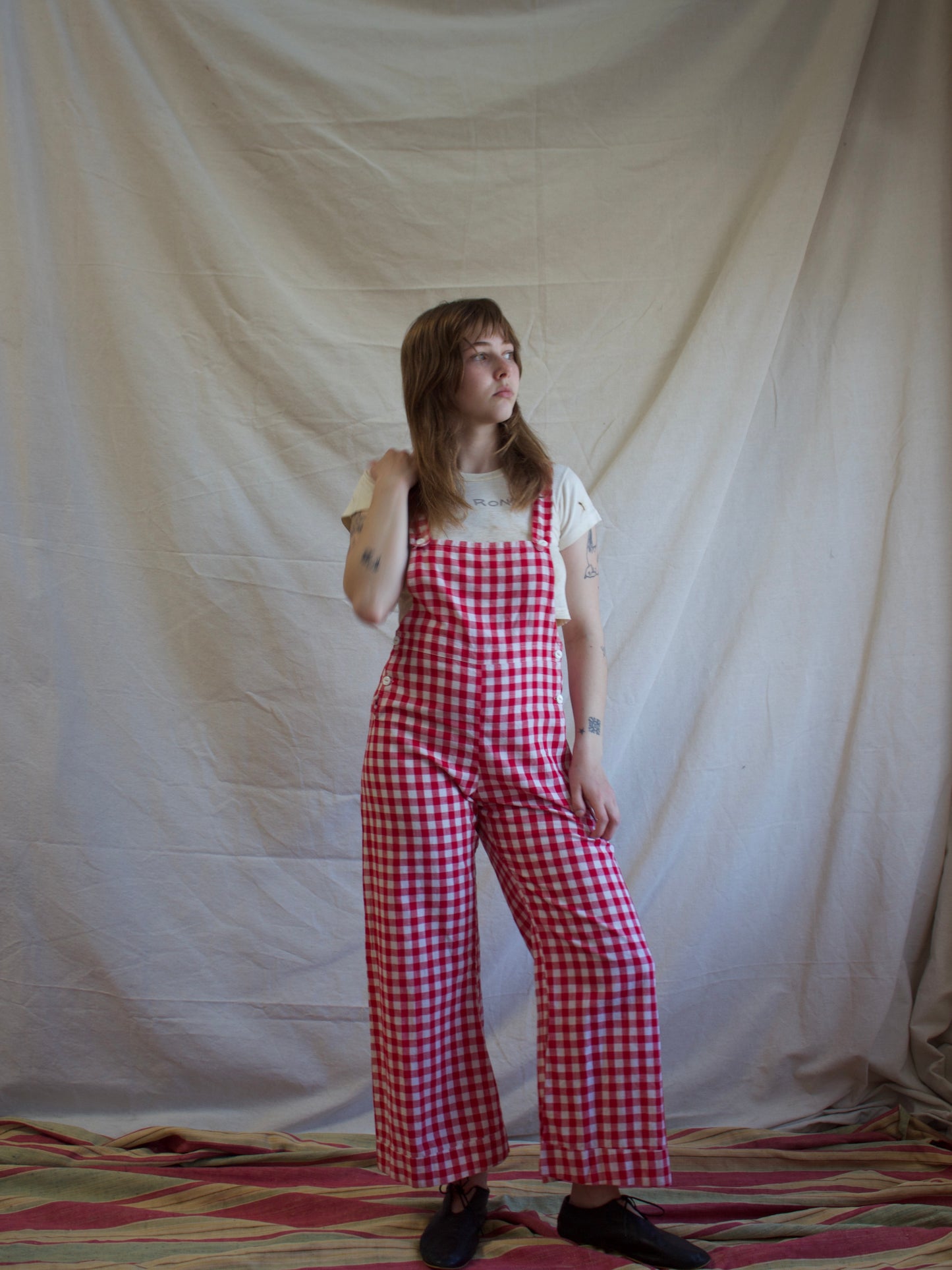 1930s Gingham Cotton Bib Front Side Button Overalls