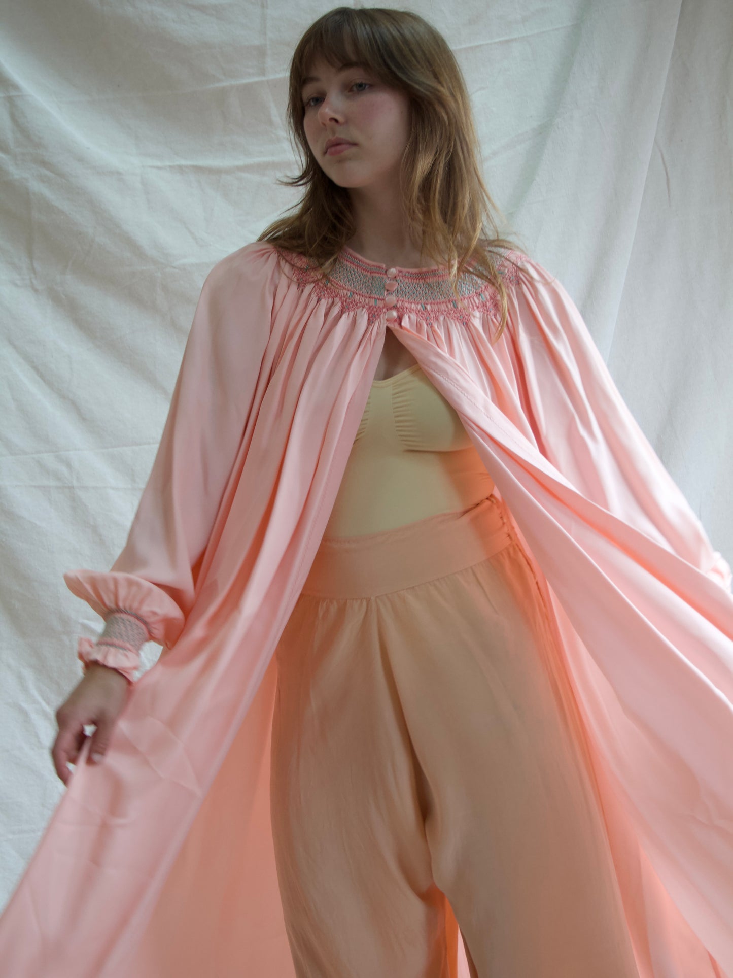 1940s Open front Smocked Balloon Sleeve Silk Crepe Smock Dress